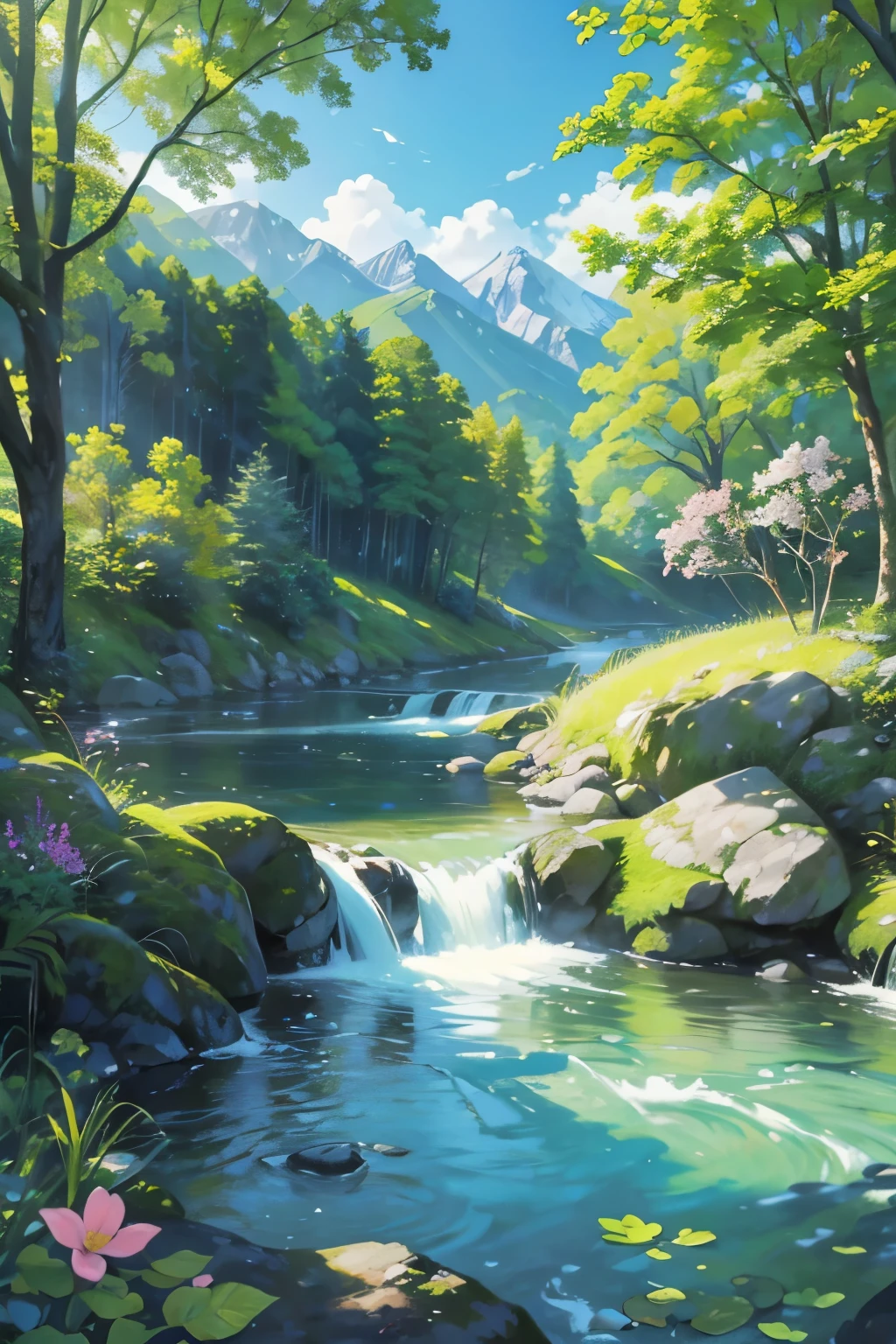 The exquisite beauty of house with nature:1.1, oil painting, professional, Vivid colors, Soft lighting, Landscapes, Detailed trees, Colorful flowers, flowing river, Majestic mountains, Gentle breeze, Clear blue sky, the sunlight filters through the leaves of the tree, vibrant hues, Natural tranquility, Lush greenery,