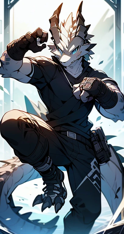 Masterpiece, Cool Pose, Furry Gray Dragon, Medium Strong Body, Blue Eyes, Grey Medium Hair, Combat Black Shirt, Combat Gloves, Combat Pants, Fierce, Good looking 