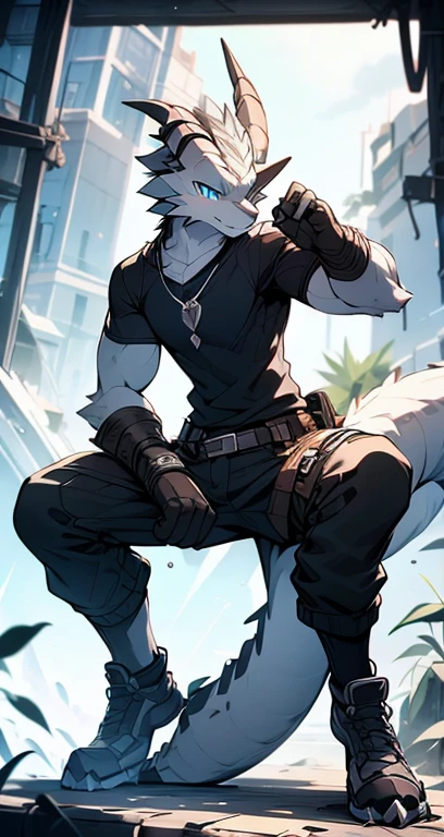 Masterpiece, Cool Pose, Furry Gray Dragon, Medium Strong Body, Blue Eyes, Grey Medium Hair, Combat Black Shirt, Combat Gloves, Combat Pants, Fierce, Good looking