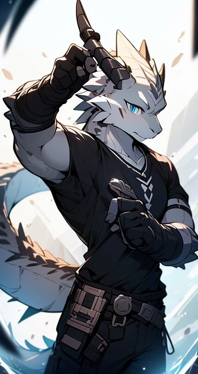 Masterpiece, Cool Pose, Furry Gray Dragon, Medium Strong Body, Blue Eyes, Grey Medium Hair, Combat Black Shirt, Combat Gloves, Combat Pants, Fierce, Good looking 