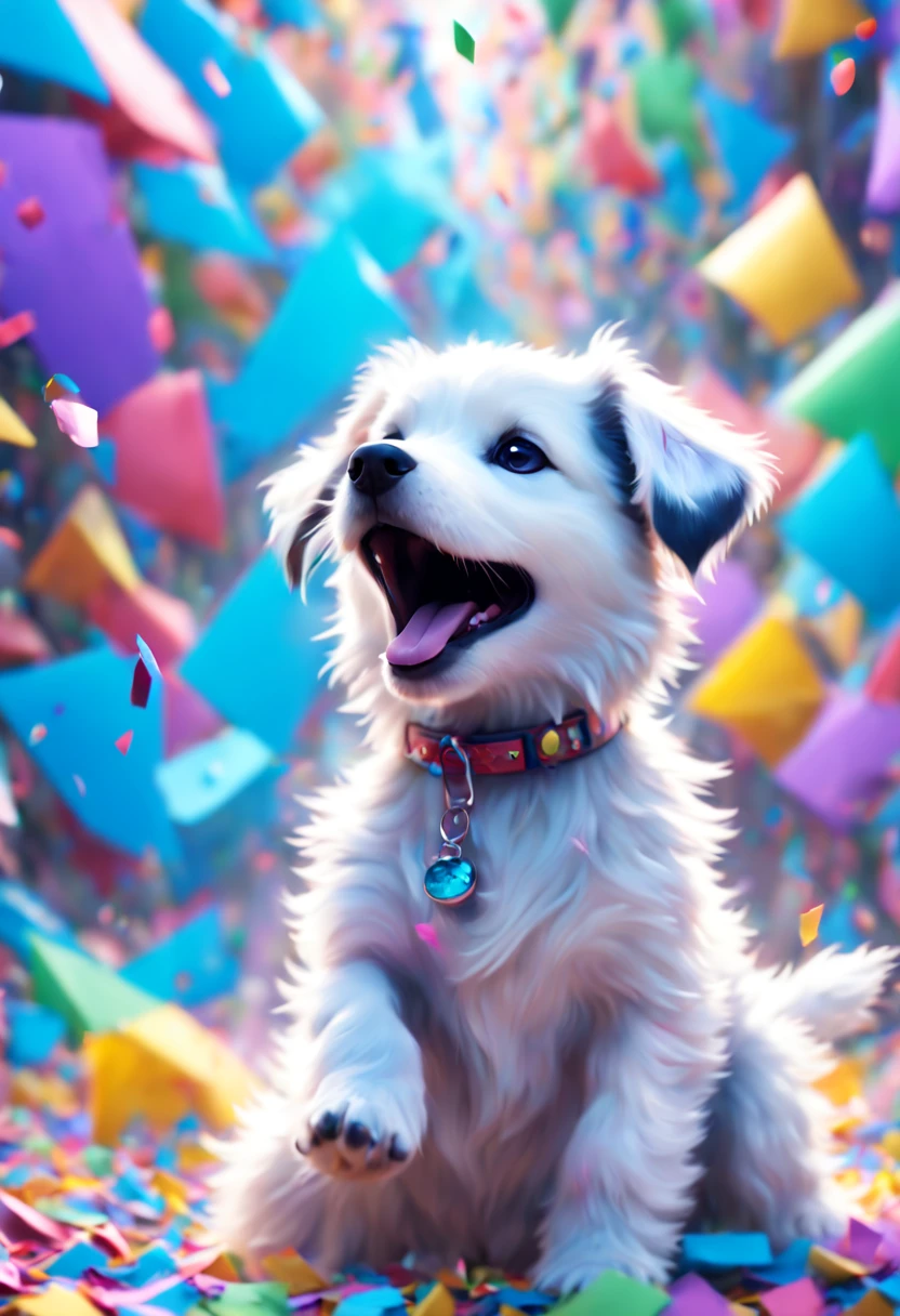 Cute puppy excitedly playing in swirling cloud of colorful confetti at festival, confetti raining down around happy puppy, hyperdetailed, detailed matte painting, Unreal Engine 5, beautiful composition, deep color, fantastical, intricate detail, fantasy concept art, 8k resolution, HD resolution