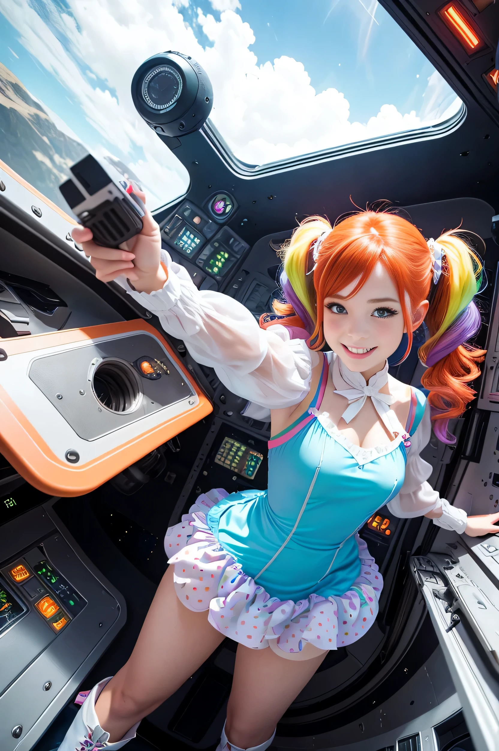 (overhead view) Cute redhead with rainbow colored hair tips, ribbons in her hair, 18-year-old woman, happy, smiling, in twin tails, perfect eyes, clear sparkling blue eyes, pale skin, silky smooth skin, flying a fancy metal luxurious space ship, futuristic cockpit, she's a pilot, outer space seen in windows, dark warm lighting, wearing a futuristic party dress, pleated (chemise) mini dress (pastel rainbow colors, and polka dots), puffy sleeves, silk, pantyhose, cute short cut booties, boots.