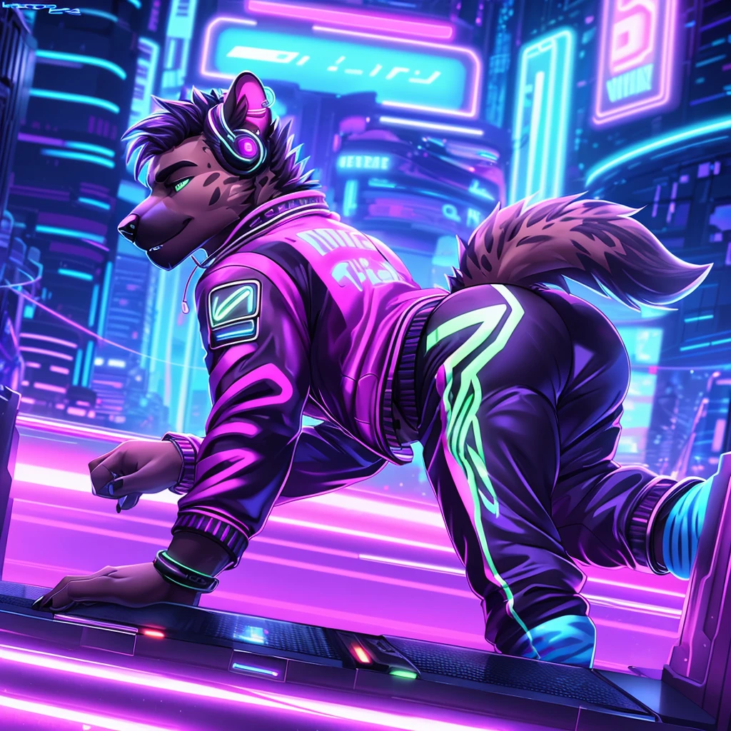 Hyena, male, muscular, solo, anthro, (bending over barrier), city, from behind, butt, (neon cyberpunk jacket), (listening to music), closed eyes, headphones, vaporwave, detailed lighting, (neon cyberpunk striped sweatpants), (Saturn (background), SFW, (tail rings), detailed shading, (dynamic blur (background)), spacepunk