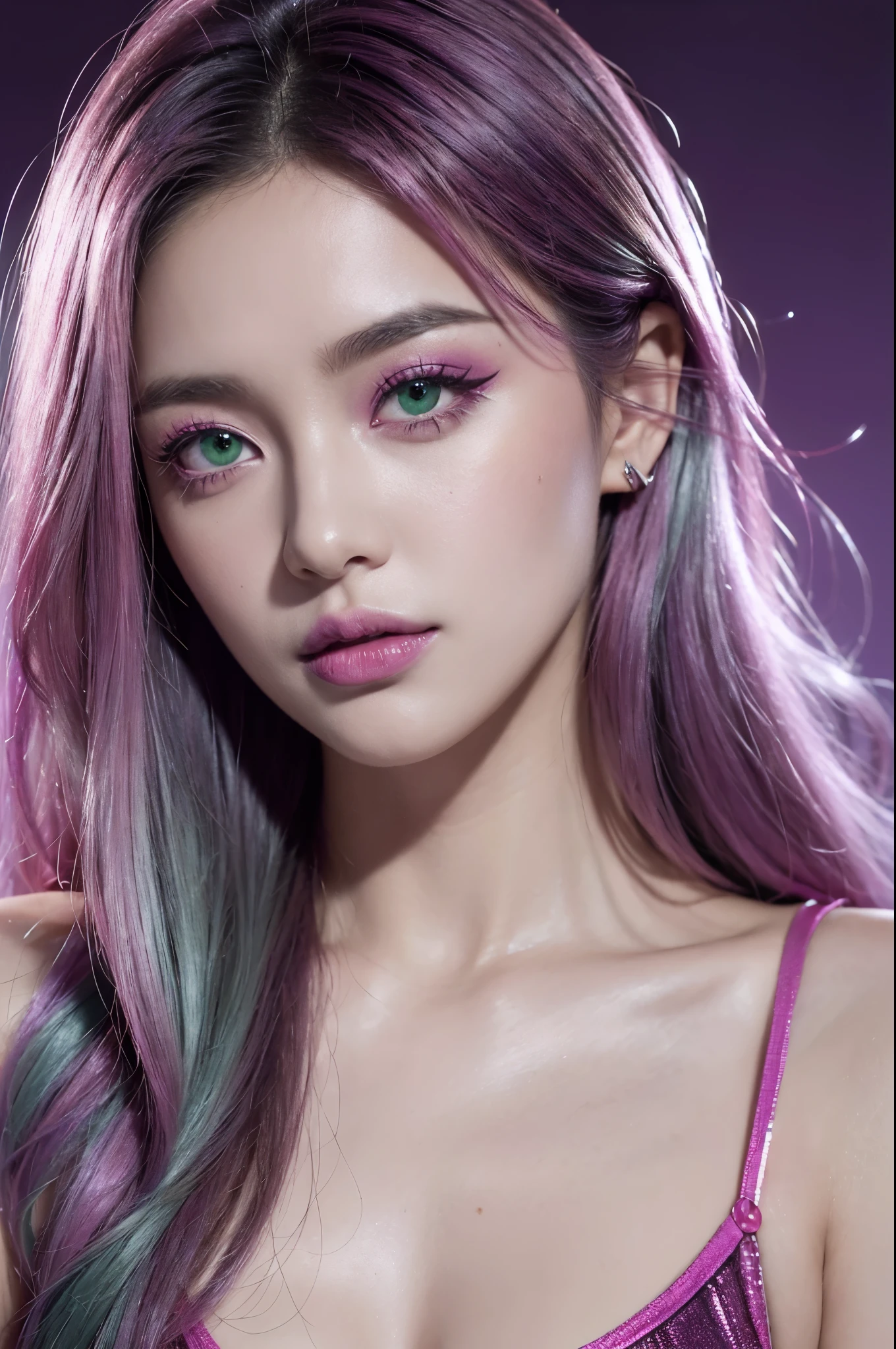 (sony vibrant colors), (hdr, dark shot:1.2), closeup portrait photo of beautiful woman, 25 years ols, makeup, dramatic eyeliner, vibrant silver hair, punky, sexy, simple black background, 8k uhd, high quality, dramatic, cinematic, vibrant colors, high contrast, (natural skin texture, hyperrealism, soft light, sharp), (shirt with cleavage), (sexy purple, pink and magenta makeup:1.3), (detailed green eyes:1.3)