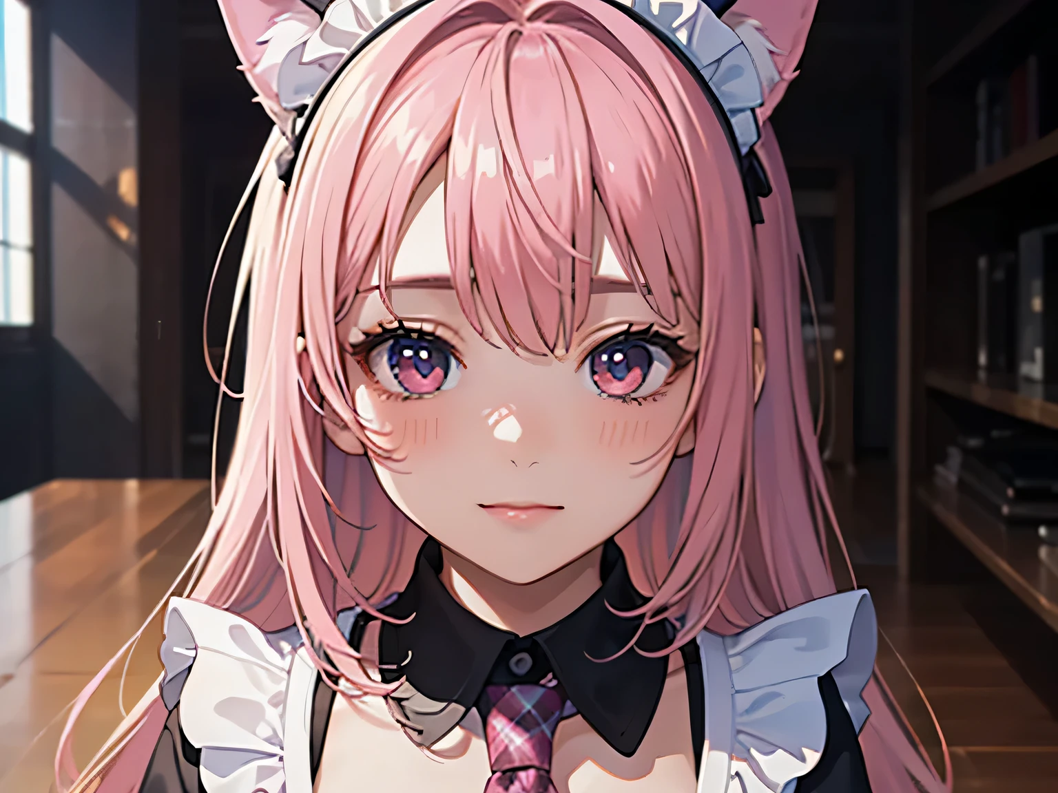 ((table top, highest quality, High resolution, perfect pixel, 4K,)), 1 girl, Beautiful woman、I could see the whole body、RAW photo, absurd, award winning portrait, concentrate,masterpiece, highest quality, High resolution,8K, Complex, elegant, very detailed,dynamic lighting,(blurred background:1) 、((pink hair)), ((pink tie cat ears)), ((anime girl)), ((detailed face, blush:1.2)), (((fold your arms in front of your chest))), ((smooth texture:0.75, realistic texture:0.65, realistic:1.1, Anime CG style)), Front view、big breasts、smile like an idol、schoolyard with no people、((black maid outfit, white shirt, black skirt, )、((she'She's definitely wearing a maid outfit))、((plaid skirt、white knee-high sox)),