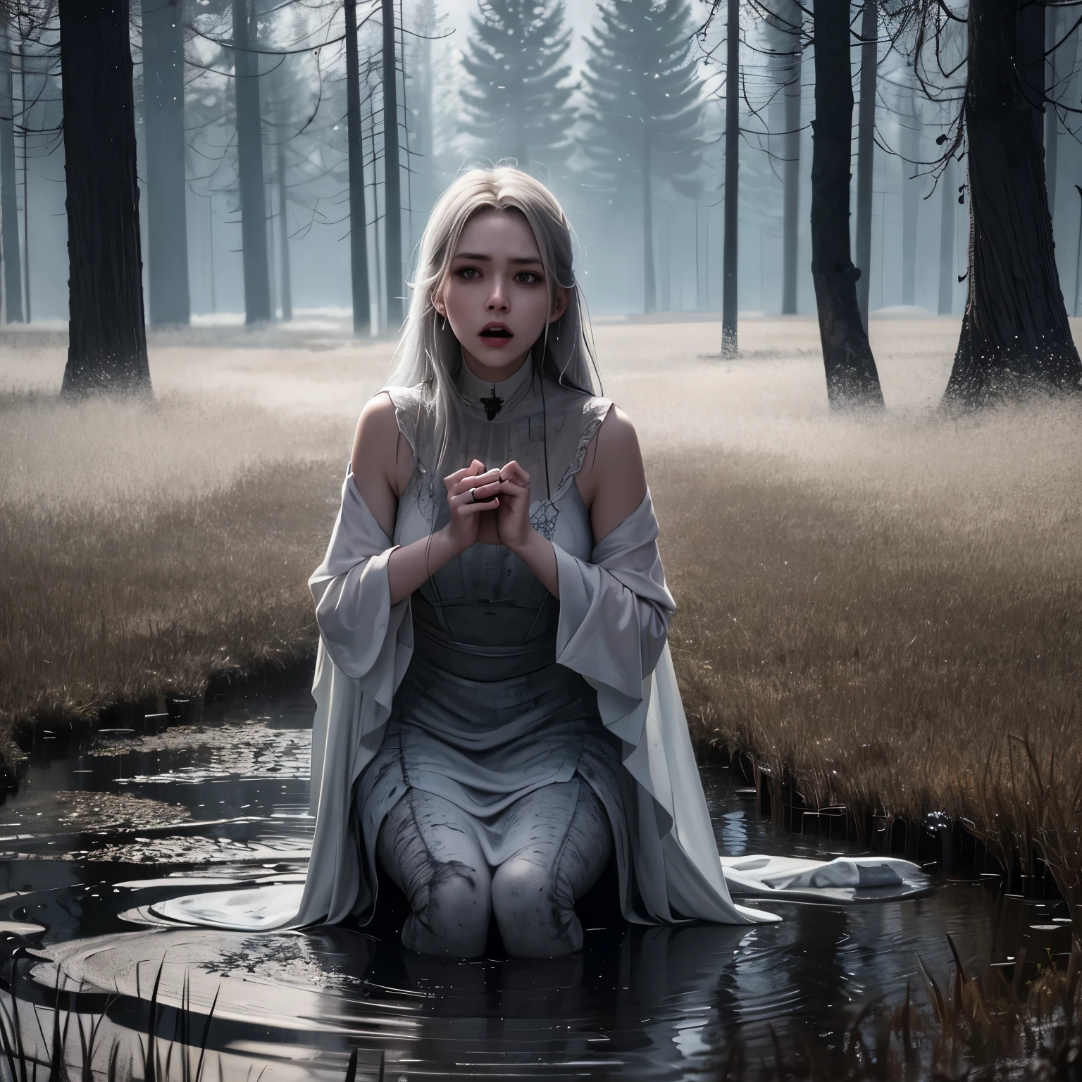 In this mesmerizingly detailed and hauntingly realistic portrait, a young woman is captured in a moment of desperate terror. Her flawless porcelain skin is marred by the encroaching mud, which stains her once-pristine white dress, highlighting her delicate features in stark contrast. The artist masterfully portrays her anguish as she kneels in a muddy puddle, her eyes wide with panic and her mouth frozen in a silent scream. The surrounding reeds sway ominously in the wind, casting eerie shadows that dance like ghostly antennae on the murky water. Towering trees loom in the distance, their silent presence adding an air of foreboding to the scene. This high-quality artwork, crafted with meticulous attention to detail, immerses