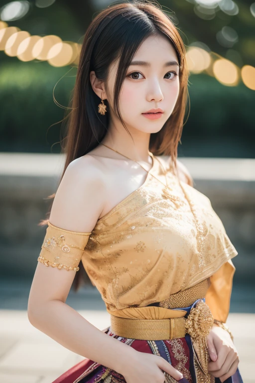 Full body Photography realistic Portriat, women model, Wearing traditional Thai dress, front of Sensoji Temple, Japan, Snow covered, There's warm sunshine, (RAW photo:1.2), (photorealistic:1.4), shot by Sony alpha 7 iv, 85mm lens, f/1.4, ISO 100, (masterpiece:1.2), (intricate detailed), (best quality:1.2), (professional photography), (realistic:1.5), (soft light:1.3), (defuse lighting:0.7), (ambient lighting:0.6), (rim lighting,:1.2), fine textures, (depth of field:1.2), (bokeh:1.2), (face focus:1.5), film overlay, film grain,