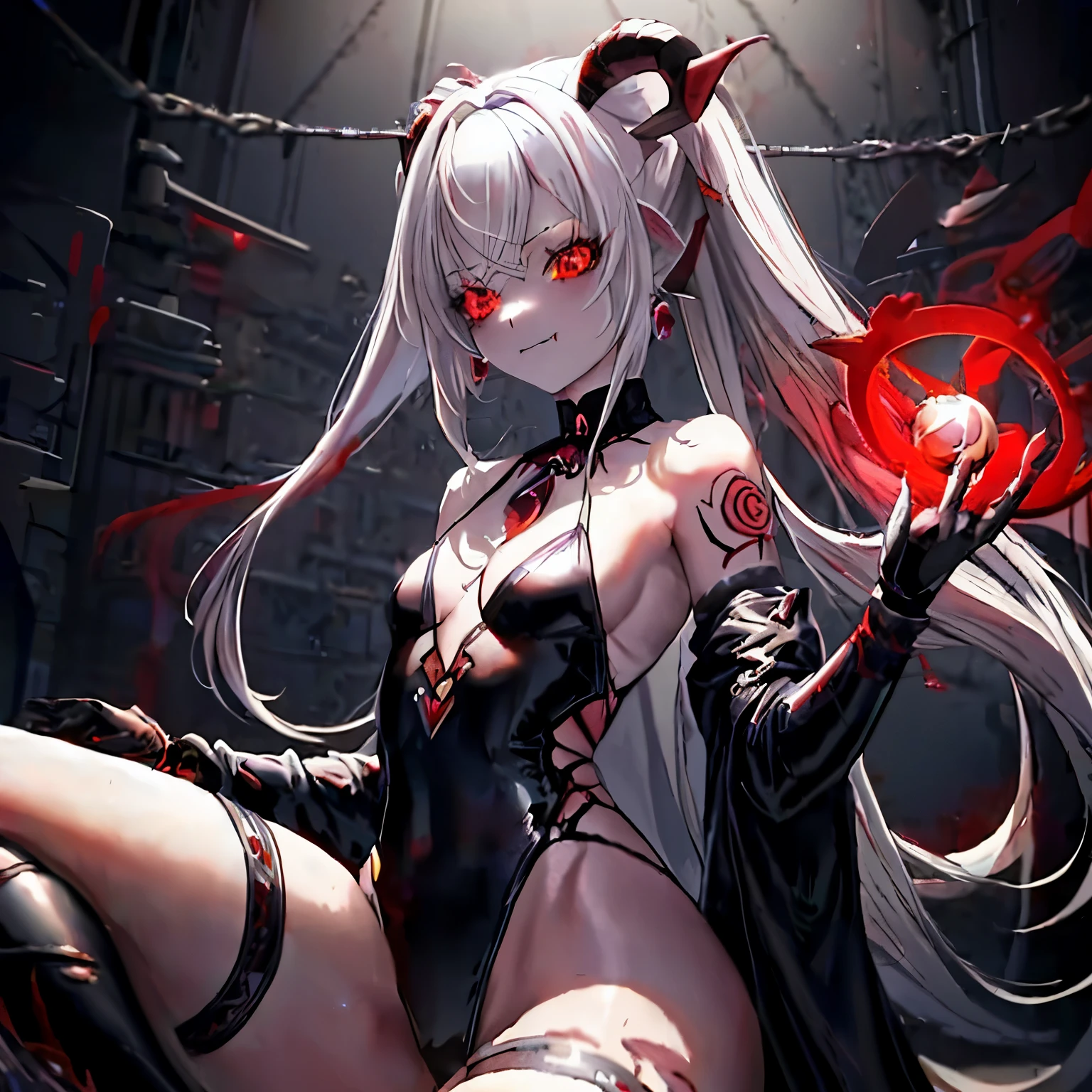 Anime girl with long white hair and horns holding a red ball, beautiful Succubus, devil anime girl, extremely detailed types of bacteria, Succubus in tight short dress, gothic otome anime girl, beautiful and elegant devil queen, Succubus, up to the model | types of bacteria, dark devil dancer, With glowing red eyes, seductive anime girl, devil girl, with shining red eyes