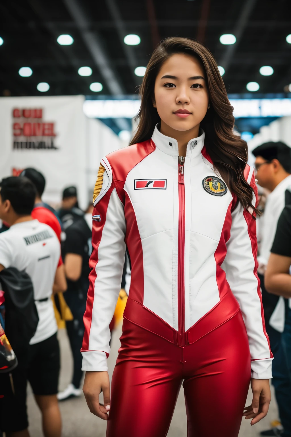 Instagram photo, full body, portrait photo of to 18 y.o asian-hispanic girl, red & white sci-fi pilot suit, ((slim)), in comic book convention, 8k uhd, high quality, film grain, Fujifilm XT3