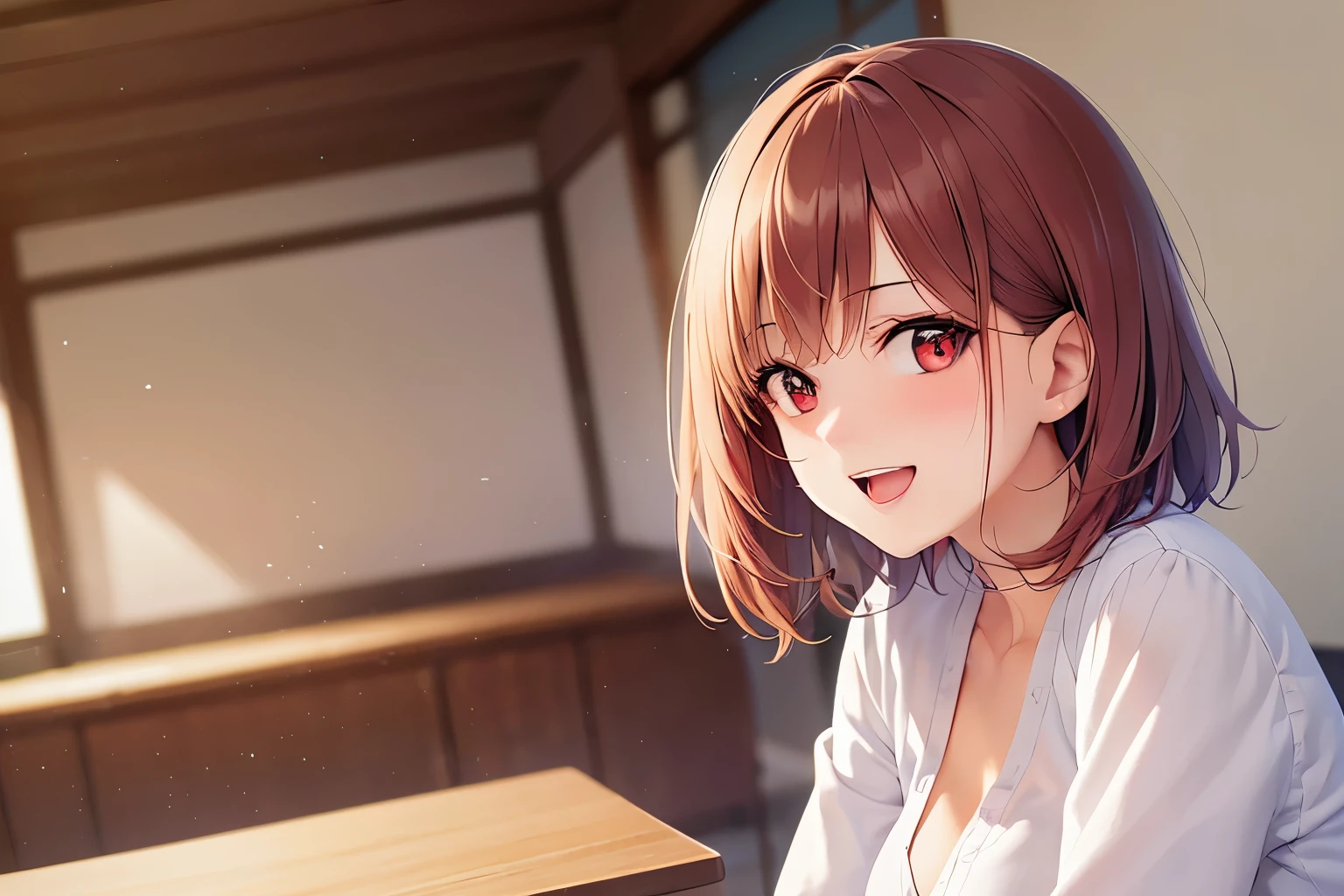 dutch angle、Realistic, real person, RAW photo, photorealistic, portrait photography, shiny skin, japanese idol, 25 year old woman、(bob cut hair) and (wine red hair) and (red eyes:1.3), wearing a white collarless blouse、wearing a gray skirt、smile, open mouth, blush, The background is a conference room、sitting、You are in a meeting、Alone、Staring,