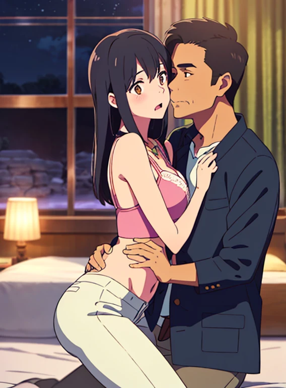 1middle age man, wrinkle face, black hair,bangs swept to the right side, Middle aged man behind girl, touching chest, biting shoulders, breatsgrope from behind, grab, grabbing chest,chestgrab behind back, removing bra, hold bra, hug back, hugging, neck kiss, 1girl, black hair, waterfall braid, red ribbon, long hair, brown eyes, blue star necklace, light cardigan pink, open shirt, yellow shirt open shifrt, navel, white bra, white pants, cute, open mouth, full body, long sleeves, cowboy shot, masterpiece, on a dating, blushing, bedroom, night, sit on bed