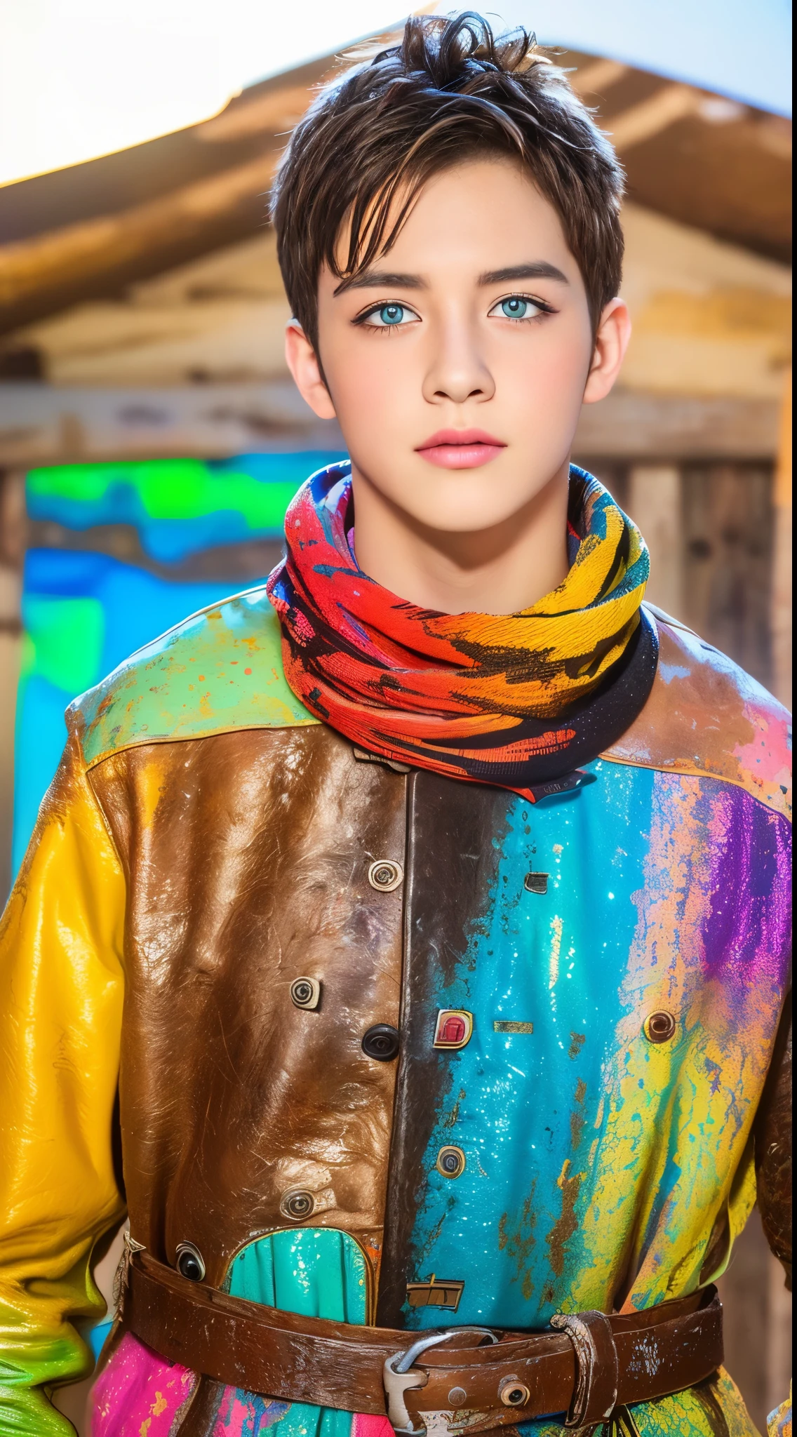 (digital art), (pop art), (Phenomenal art), (Gorgeous Desinger+extreme quality:1.4), (HDR+), light painting, Bright colors, Masterpiece Art, Boy with colorful eyes, with different colors, both with Bright colors, different, heterochromia, Emphasized eyes, different colors, (Background of the rustic art scene in Wlop:1.5)