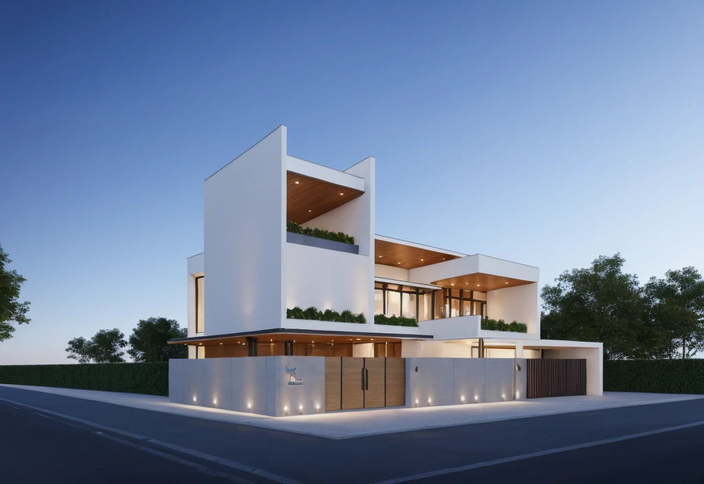 1 morden villa with, main material of villa about white wall and wooden cladding, main material by white wall and wood, 1large yard, 1 road runs in front of the house, (RAW photo, real, best quality, masterpiece:1.2), look morden minimalist, 1 road in front of the house, dynamic lighting:1.3, (hyper realistic, photo-realistic:1.2), high quality, (dark lighting:1.2), perfect lighting, archdaily, no human