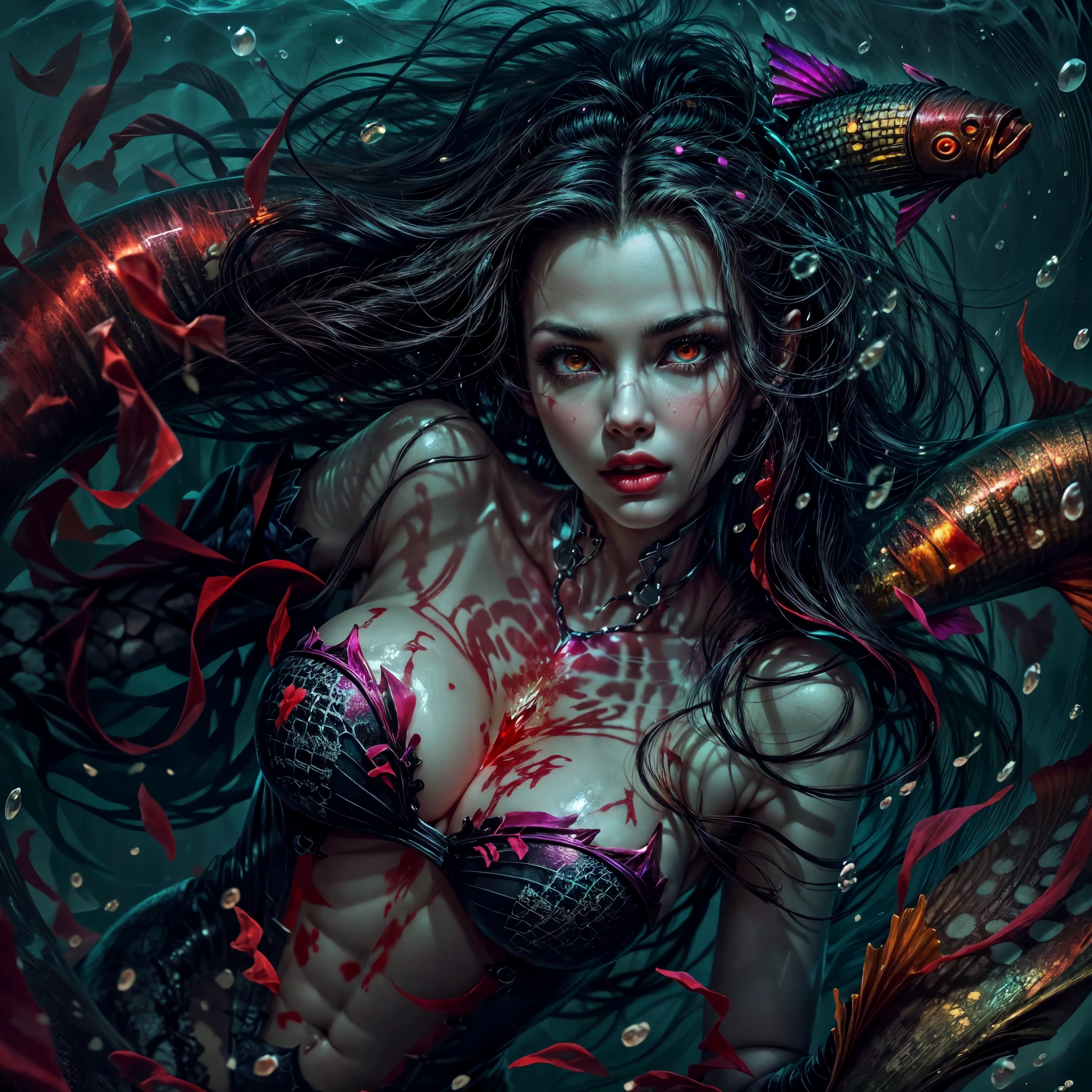 high details, best quality, 16k, [ultra detailed], masterpiece, best quality, (extremely detailed), full body, ultra wide shot, RAW, photorealistic, dark fantasy art, dnd art, rpg art, realistic art, an ultra wide picture of a vampiric mermaid (1.5 intricate details, Masterpiece, best quality)  blood mage casting ((blood control spell)),  blood wizard ((blood magic, intense magic details)), ((controlling a swirling mass of blood)) underwater, magical symbols GlowingRunes_pink, female vampiric mermaid, pale skin, black hair, long hair, swirling hair, lower body tail fin, intense eyes, red eyes, small  (( red eyes)), ((glowing eyes)), wearing sea shell clothing, beautiful dark mermaid, underwater background, rich underwater life, ((magical atmosphere)), fish and sea weeds, high details, best quality, highres, ultra wide angle