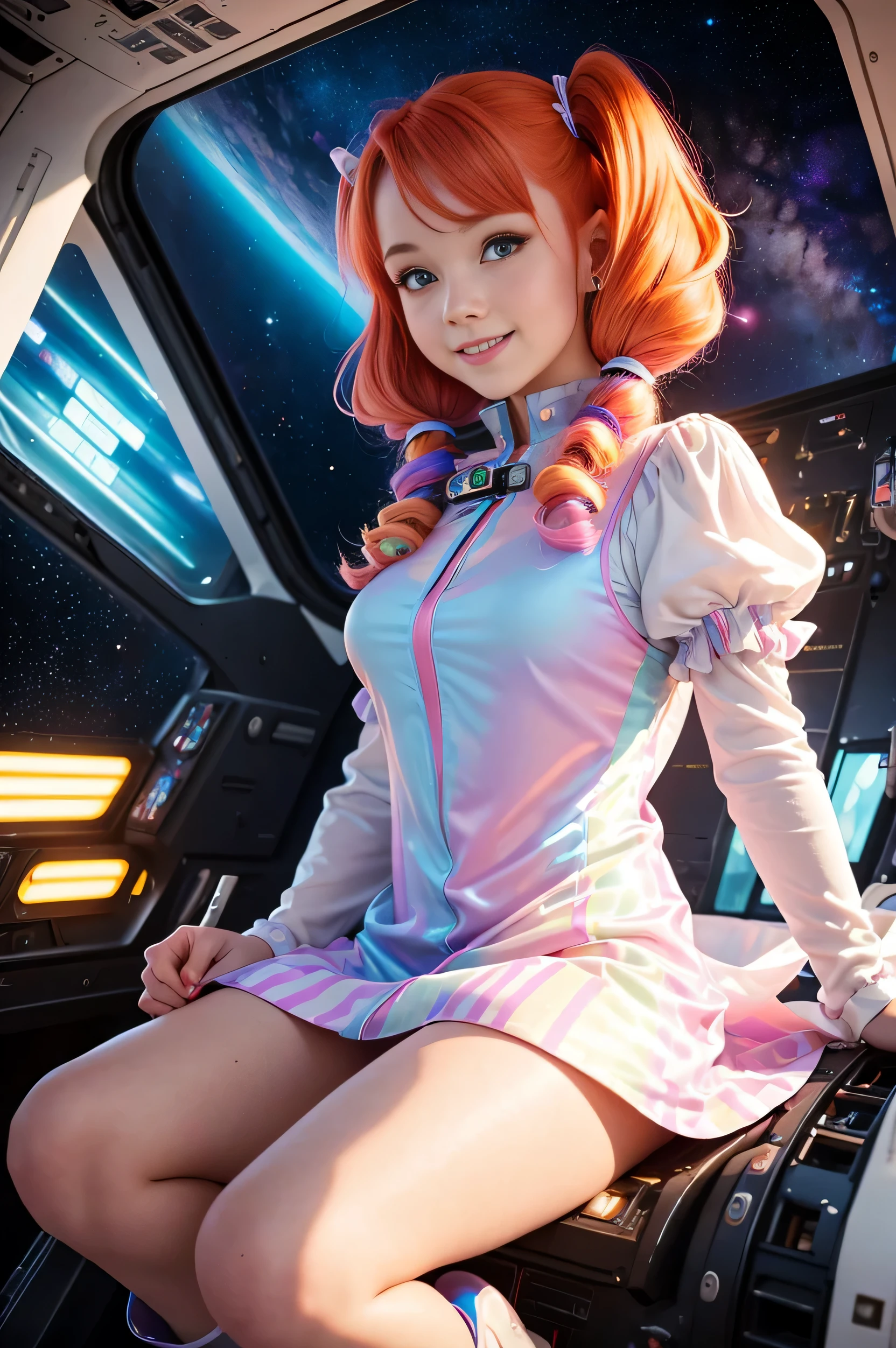 Melhor qualidade, obra de arte, 8k, CRU (aerial view) ((Cute redhead with rainbow colored hair tips:1.2)), fitas no cabelo, mulher de 18 ano adulta sexy, feliz, excited expression, sorridente, in twin tails, olhos perfeitos, olhos azuis claros e brilhantes, pale skin, seday smooth skin, pele branca de porcelana, pilotando uma luxuosa nave espacial de metal chique, cabine futurista, She's a pilot lying in her pilot's chair, outer space seen through windows, deep space, estrelas, galaxies, dark and warm lighting, usando um vestido futurista, plissado (camisa) minivestido (rainbow pastel colors, e bolinhas), mangas bufantes, seda, wearing pantyhose.