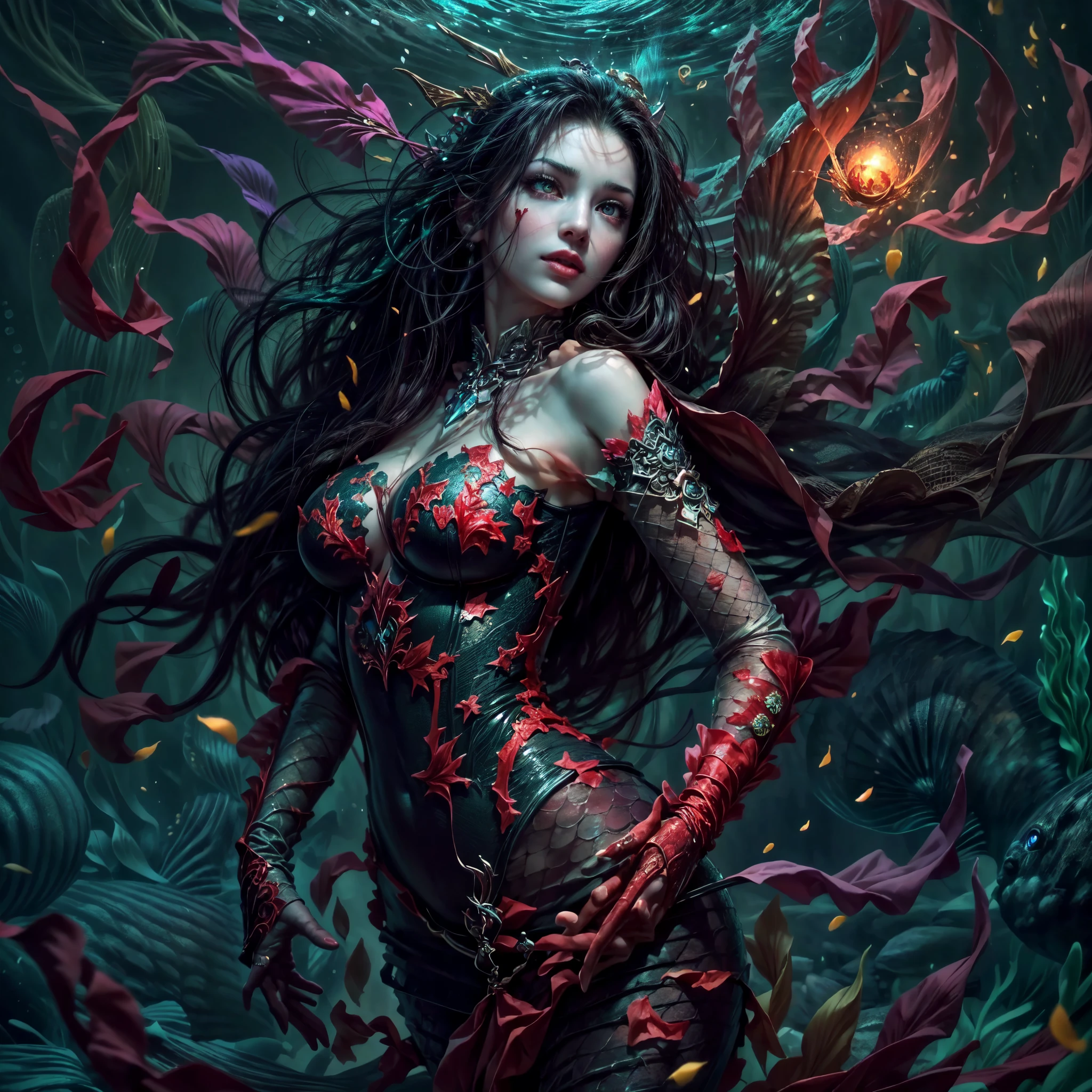high details, best quality, 16k, [ultra detailed], masterpiece, best quality, (extremely detailed), full body, ultra wide shot, RAW, photorealistic, dark fantasy art, dnd art, rpg art, realistic art, an ultra wide picture of a vampiric mermaid (1.5 intricate details, Masterpiece, best quality)  blood mage casting ((blood control spell)),  blood wizard ((blood magic, intense magic details)), ((controlling a swirling mass of blood)) underwater, magical symbols GlowingRunes_pink, female vampiric mermaid, pale skin, black hair, long hair, swirling hair, lower body tail fin, intense eyes, red eyes, small  (( red eyes)), ((glowing eyes)), wearing sea shell clothing, beautiful dark mermaid, underwater background, rich underwater life, ((magical atmosphere)), fish and sea weeds, high details, best quality, highres, ultra wide angle