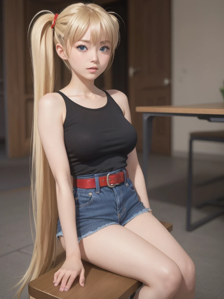 (8K、Raw photography、top-quality、masterpiece:1.2)、(realisitic、Photorealsitic:1.37)、ultra-detailliert、超A high resolution、(realismo: 1.4), solo 1girl blonde, angry, 25yo, akizuki airi, light blue eyes, natural blonde hair, long twintails, very_long_hair, she is wearing it in her hair_ornament red, hair_scrunchie red, medium_breasts, akizuki airi, BREACK, (indoor, living room,) she is wearing a white tank top, blue jean short, red belt, BREACK, black thighhigh socks, BREACK, sitting on a table, arms supported, looking lasciviously at the viewer,