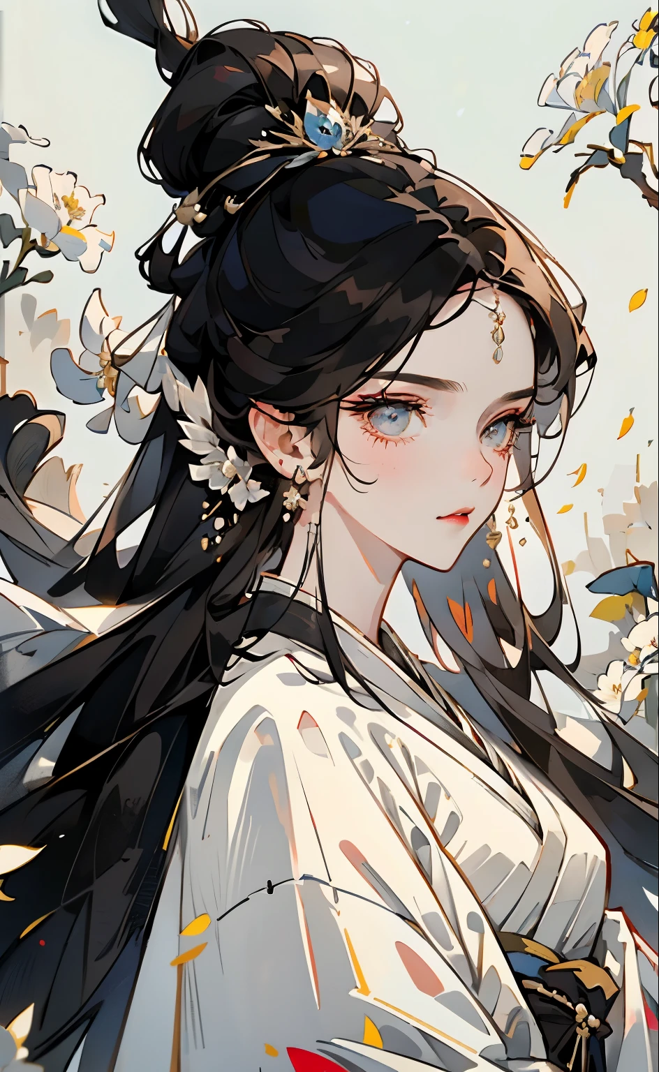 Mature girls , black hair, flowing hair, Eyes are delicate and smart, starry students, Delicate damask hanfu, Gorgeous accessories, Wearing pearl earrings, field of view, f1.8, masterpiece, Complex scenes, petals flying, Frontal portrait shooting, Change