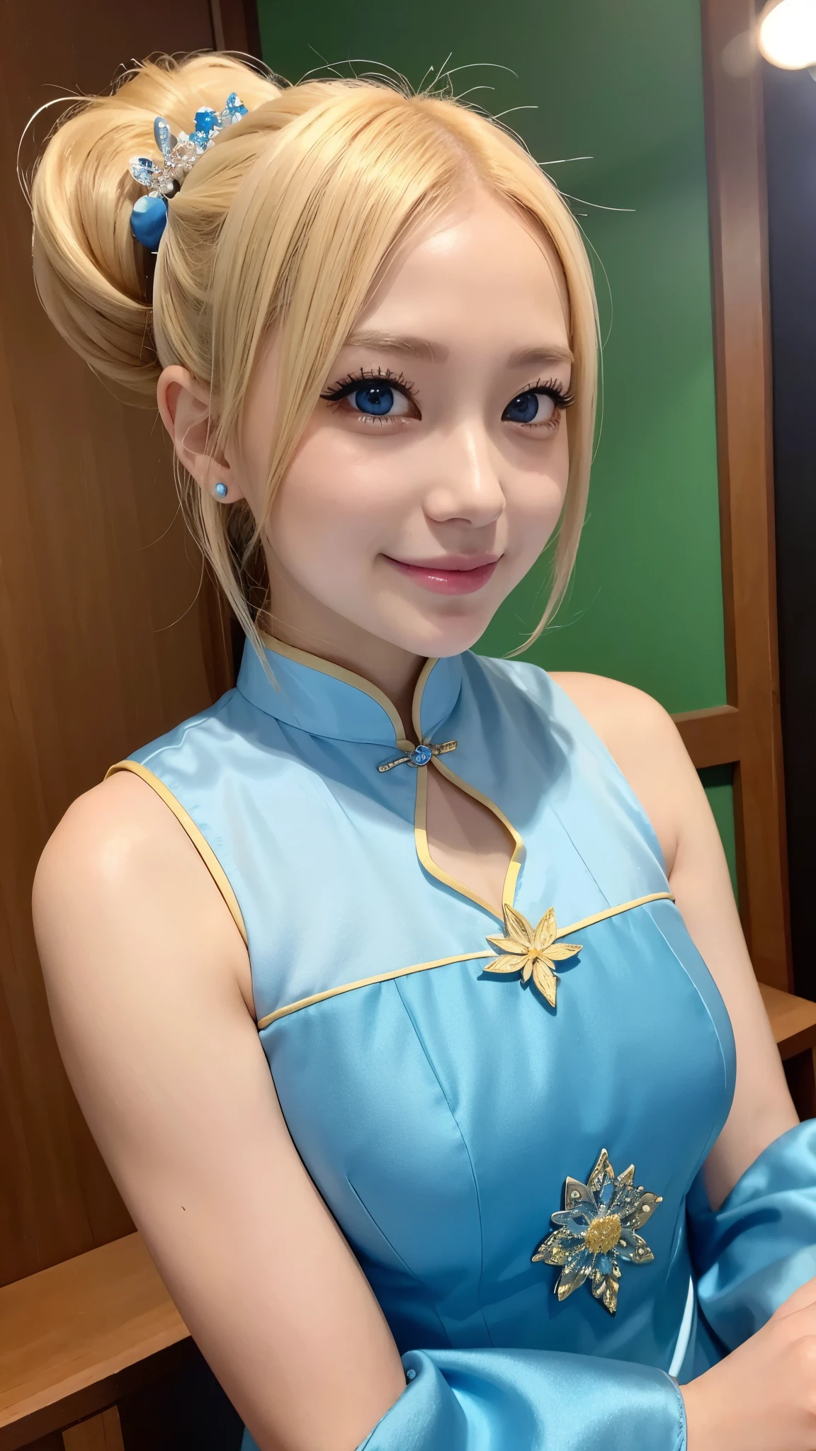 she is cosplaying as a princess、blonde short、smile、blue eyes、colorful and flashy cheongsam、ponytail