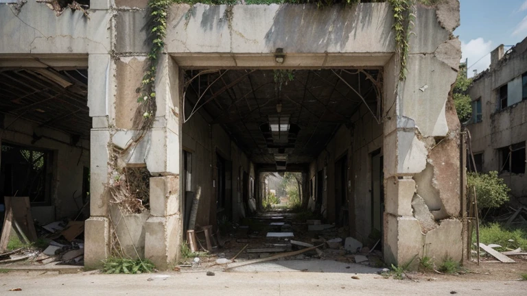 A picturesque scene showcasing the harmony between a desolate, ruined city and the resilient embrace of nature. The image captures the essence of a once thriving metropolis now reduced to rubble, while lush green vegetation effortlessly reclaims its territory. The contrast between the decaying remnants of urban structures and the vibrancy of nature creates a captivating juxtaposition. The attention to detail in this 8K super-realistic artwork is astonishing, allowing viewers to immerse themselves in the intricate textures and subtle nuances. Each cracked wall, overgrown vine, and sprouting tree is meticulously rendered, bringing the image to life with unparalleled realism.