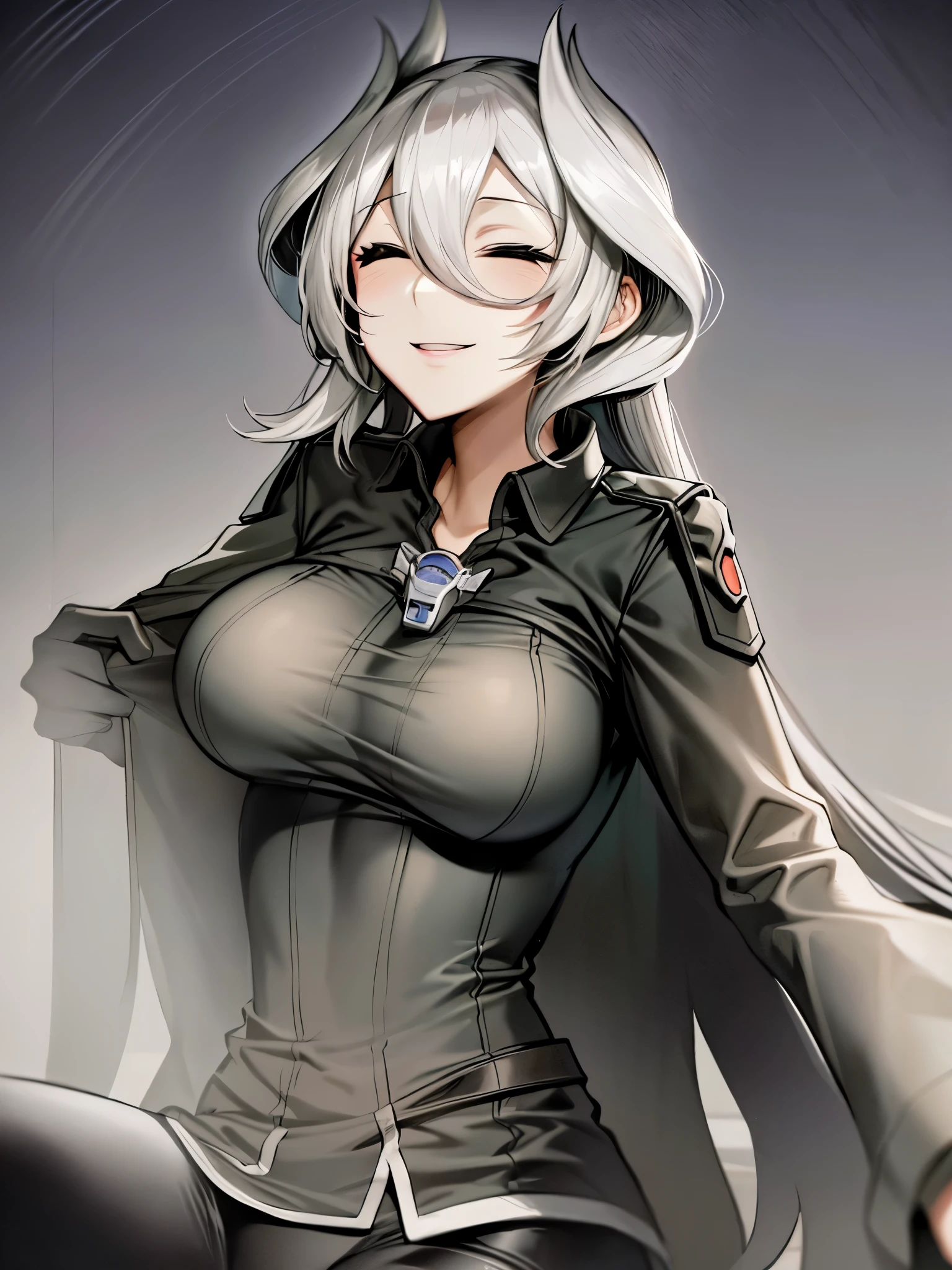 masterpiece:1.2, 1women, (Made in Abyss anime character), ((Ozen)), (30yers old), (best quality), (real picture, intricate details, depth of field), highly-detailed, perfect face, (eyes closed, kind smile), (huge breasts:1.3), attractive waist, tall, toned abdomen, (black and white square hair:1.2), sexy, Disproportional tits, hanging breasts, ((women is wearing black pants and a black T-shirt)), sits on the floor, 