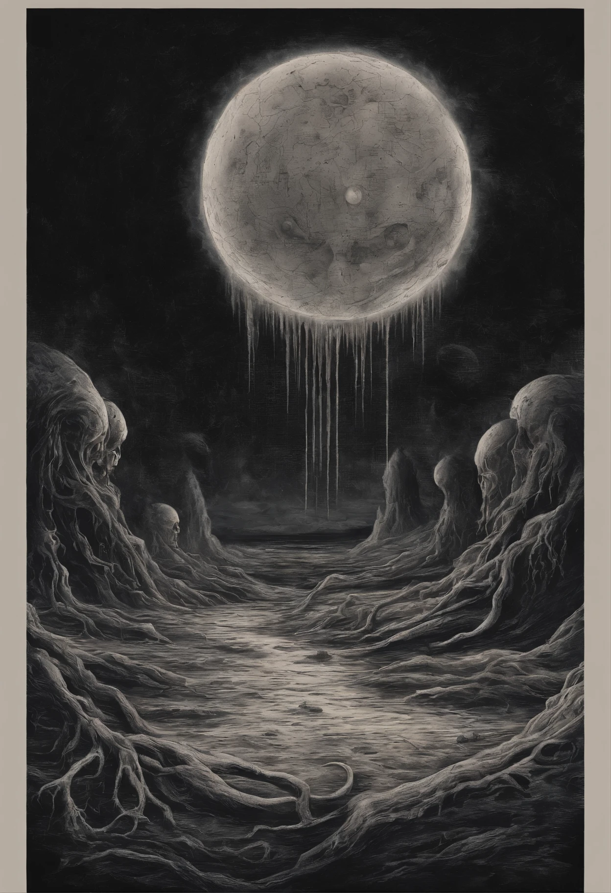 There is a planet in the middle, Tentacles of the universe, Lovecraft's inspiration, Lovecraft's Cosmic Fear, Lovecraft's Hellscape, Fantasy and space horror films, Lovecraft-inspired atmosphere, lovecraftian, Planet in open space, Countless small red eyes glowing、