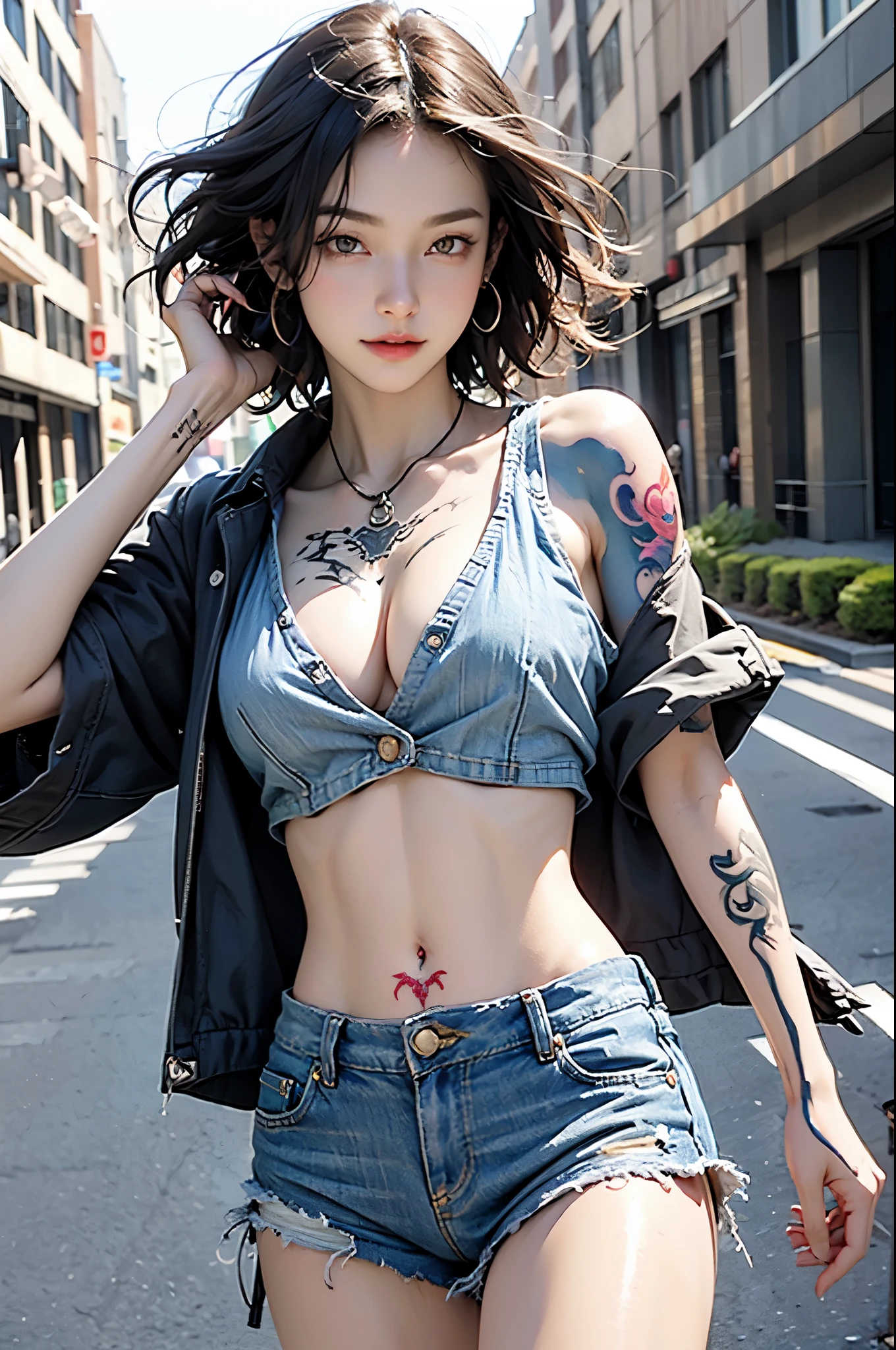 ((, tomboyish girls, small head)),  (chiseled abs : 1.1), (Perfect body : 1.1), (short curly hair : 1.2) , auburn hair, collar, chain, full-body shot, crowded streets, wearing a vest, jean jacket, (torn clothes:1.3)((shorts)), (Extremely detailed CG 8k wallpaper), (extremely delicate and beautiful), (masterpiece), (best quality:1.0), (ultra high resolution:1.0),  beautiful lights ,perfect lightning, Realistic shadows, [high resolution], Delicate skin, Super detailed (((rich and colorful))),(Tattoo all:1.5),