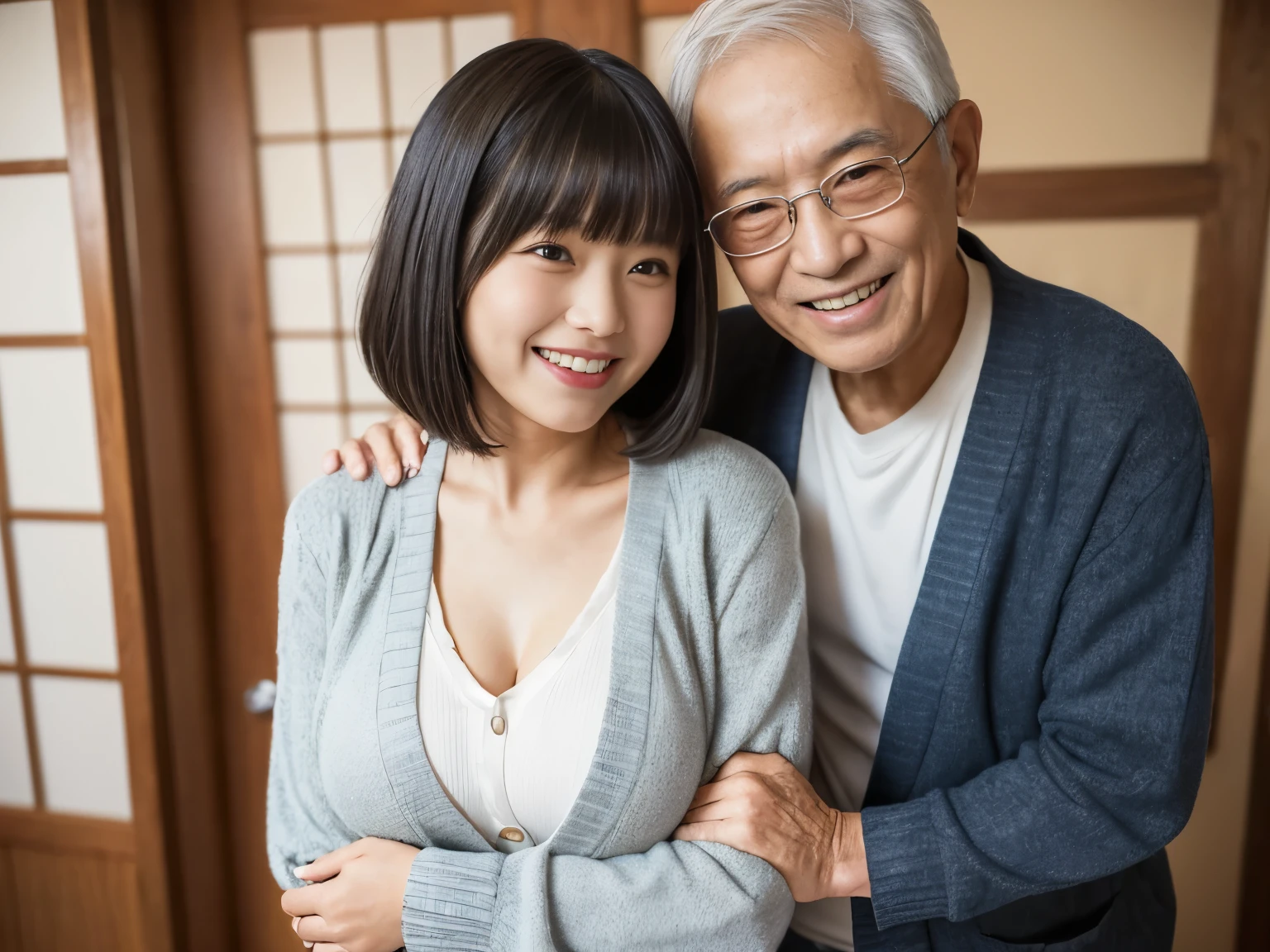 (Japanese room), (only 1 grandfather and 1 granddaughter), ((the grandfather, Japanese, 65 yo, silver short hair, old man, wearing room ware and cardigan)), (masterpiece, best quality, ultra detailed, detailed face,  8k), BREAK, (the granddaughter, young girl, Japanese,  yo, cute round  face, medium black hair, cute bangs, (natural huge breasts), pull-over, denim skirt, happy, laughing), age difference, sex difference,hug each other