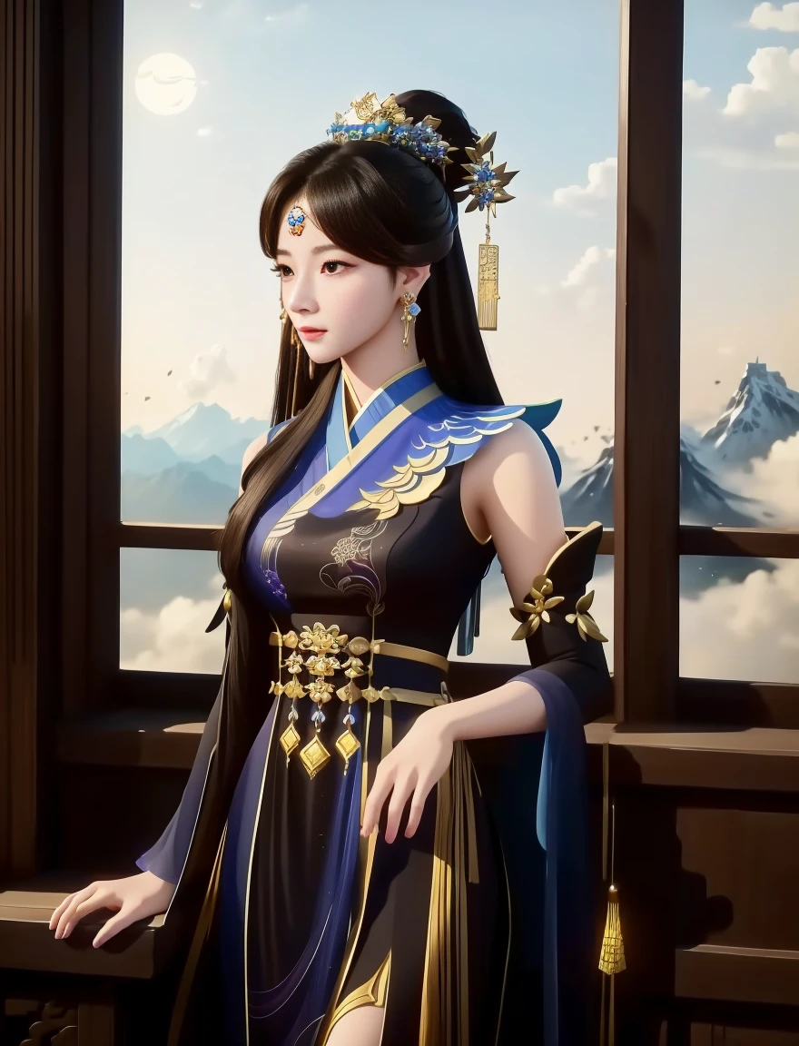 ((Close-up of a woman in a Black dress standing on a windowsill)), a beautiful fantasy empress, Inspired by Lan Ying, Palace ， A girl in Hanfu, ((masterpiece, ultra high quality, 8K high quality:1.9 detailed art)), trending on cgstation, ((a beautiful fantasy empress)), ((Beautiful character painting, Beautiful rendering of the Tang Dynasty, digital fantasy art )), inspired by Du Qiong,((realistic)), ((realistic face))