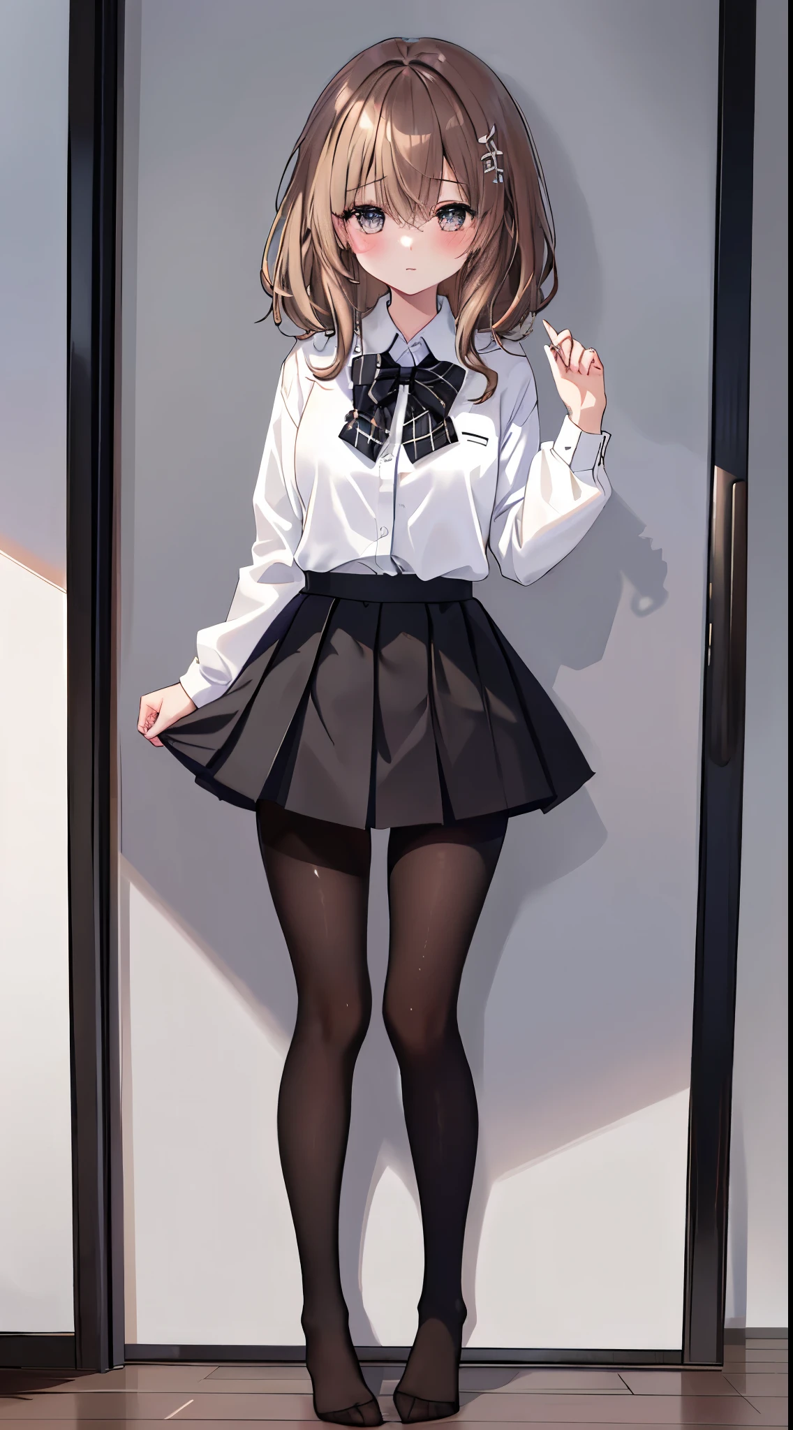 finest, masterpiece, High resolution, (Full body view from head to toe), front, frontやや下からの構図, Symmetrical, 18 year old girl, alone, (whole body from head to toe), small breasts, brown hair, slightly messy hair, long hair, bangs, (black tights), ( (black pantyhose), black pantyhose, (squating pose), show me your white panties, slender beautiful legs, とても美しい18 year old girl, (not wearing shoes), blush, shy big eyes, messy hair, looking at camera, show me your white panties, Blazer uniform appearance、Checkered pleated skirt、Pure white underwear
