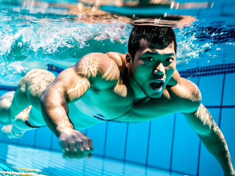 Full body image of a Japanese man、male student、male swimming club member、male lifesaver、Shaved Head Man、Dark-skinned man、muscular man、man sinking in the bathtub、man sinking at the bottom of the pool、man sunk to the bottom of water、A man wearing a skin-tight black speedo swimsuit、A man wearing a silicone cap、A young man sinking with his eyes open、Young man sinking with his mouth open、Man Looking Up At The Sky、A man with a surprised expression、A man with a sad expression、strangled man、man being suffocated、Full body image of a man submerged in water、A man participating in a swimming competition、competitive swimming man、swimming school men、male swimming instructor、one man、male player、A man wearing nothing on his upper body、man pretending to be murdered、male actor playing a corpse、The man who plays the role of a water corpse、Suspense drama、mystery drama、Underwater perspective、perspective from below、A young man opens his eyes and plays the role of a corpse.