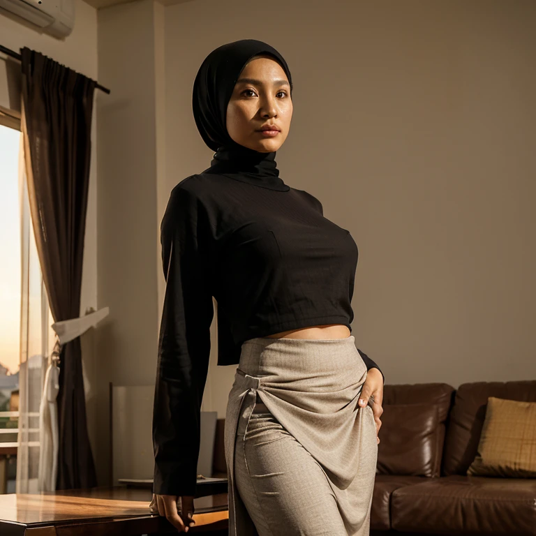 40 Years Old indonesian women,(Hijab,long thshirt ,no underwear,tight ,span skirt) , looking at viewer ,sexy pose , summer ,sunset , living room.