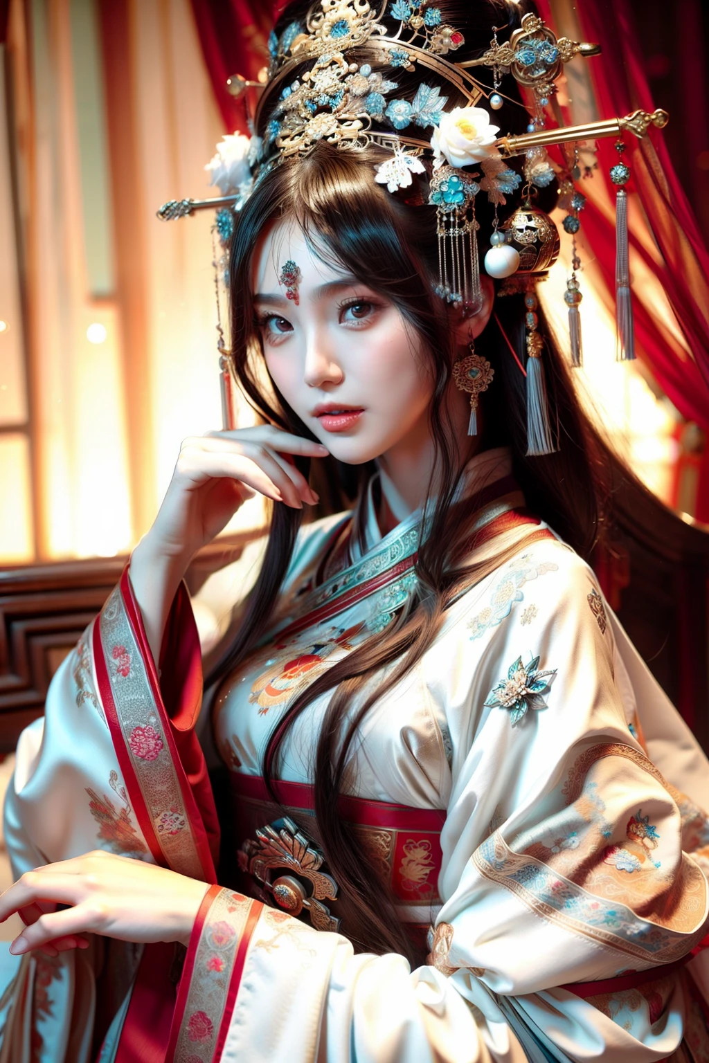 a close up of a woman with a white dress and a tiable, Palace ， A girl in Hanfu, ancient chinese beauti, Princesa chinesa antiga, China Princess, Traditional beauty, Chinese girl, White Hanfu, Chinese woman, ruan jia beautiful!, inspired by Zhang Yan, Inspired by Qiu Ying, Chinese style, Chinese traditional, inspired by Zhang Yin