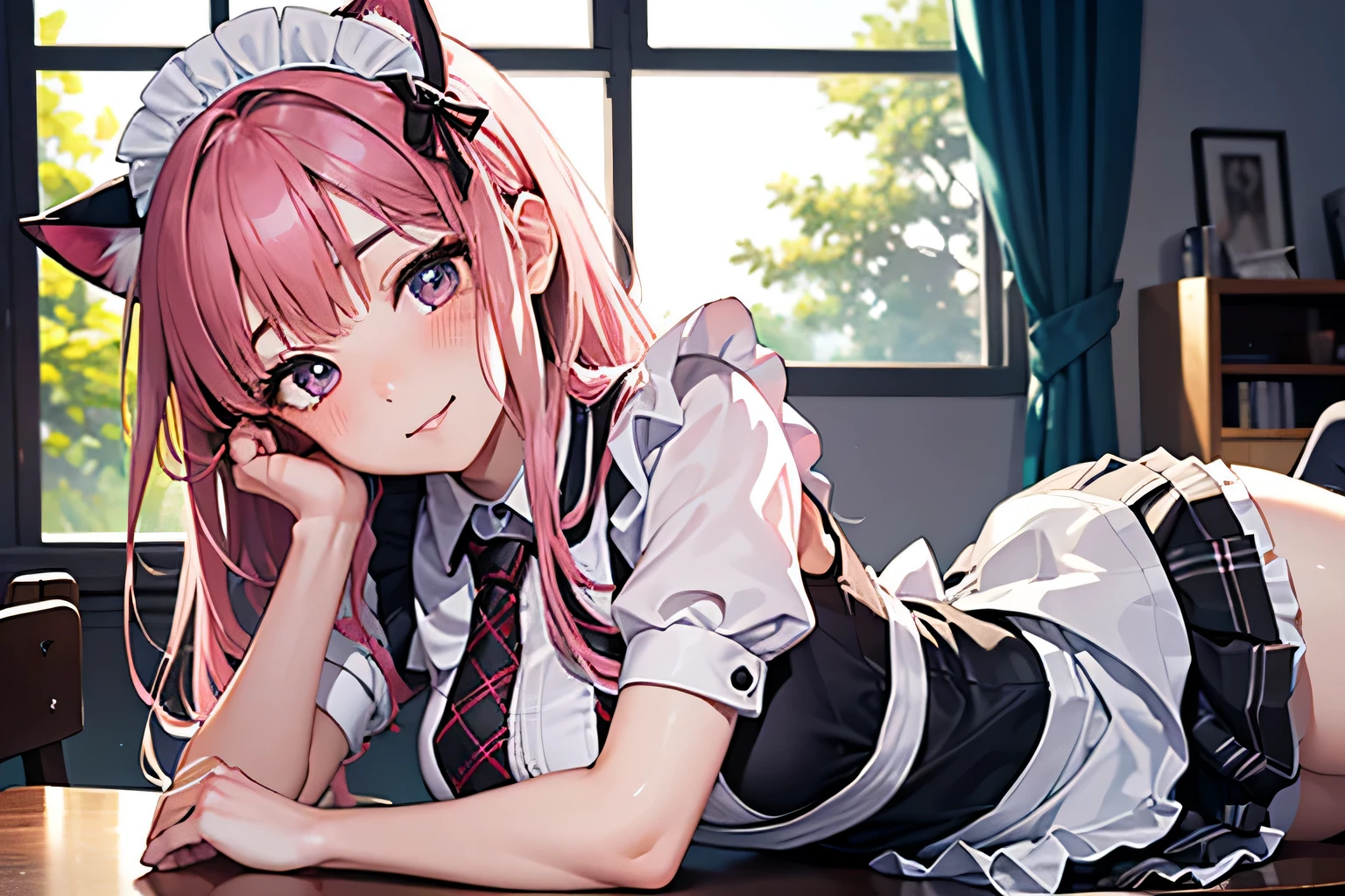 ((table top, highest quality, High resolution, perfect pixel, 4K,)), 1 girl, Beautiful woman、I could see the whole body、RAW photo, absurd, award winning portrait, concentrate,masterpiece, highest quality, High resolution,8K, Complex, elegant, very detailed,dynamic lighting,(blurred background:1) 、((pink hair)), ((pink tie cat ears)), ((anime girl)), ((detailed face, blush:1.2)), (((Lie on your side))), ((head tilt)), ((smooth texture:0.75, realistic texture:0.65, realistic:1.1, Anime CG style))、big breasts、smile like an idol、classroom without people、((black maid outfit, white shirt, black skirt, )、((she'She's definitely wearing a maid outfit))、((plaid skirt、white knee-high sox)),