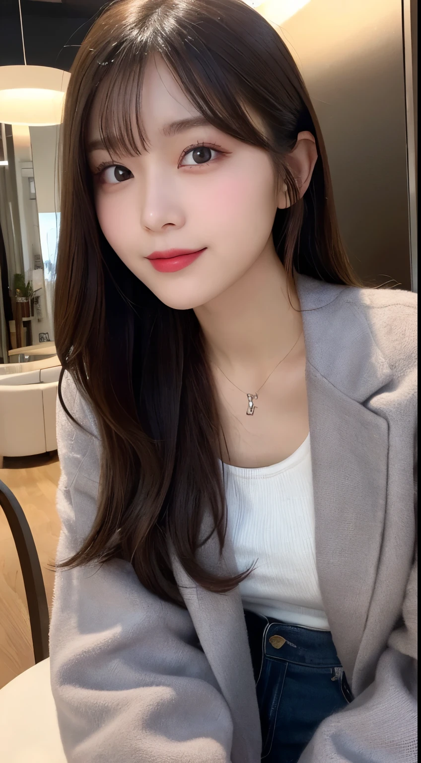 masutepiece, Best Quality, Illustration, Ultra-detailed, finely detail, hight resolution, 8K Wallpaper, Perfect dynamic composition, Beautiful detailed eyes, Casual clothing with long sleeves,random cute hair,small tits,Natural Color Lip, Bold sexy poses,Smile、20 years girl、Cute、Sexy shot staring at the camera from the front,常にBlur the background,Perfect and beautiful face,Take only the face,beautiful and detailed face、slim face and style,Big eyes、Do gal makeup,luxury designer home bedroom(slightly dark room),Blur the background。Stylish pajamas、do a good night pose