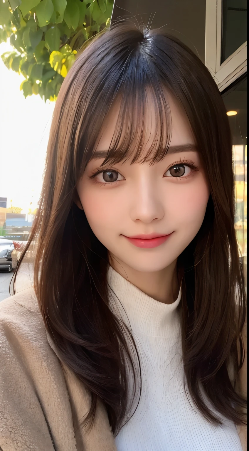 table top, highest quality, shape, Super detailed, finely, High resolution, 8k wallpaper, 完璧なダイナミックな構shape, beautiful and detailed eyes, Latest trend fashion Tokyo winter wear,medium hair, small breasts, natural color lip,smile,20 year old girl、midnight、beautiful and detailed face、perfect and beautiful face、slim face and style,spread your arms wide,Big eyes,Take a photo from below the knees at a face angle、small face、beautiful detailed face、perfect and beautiful double eyelids、luxury mink coat
