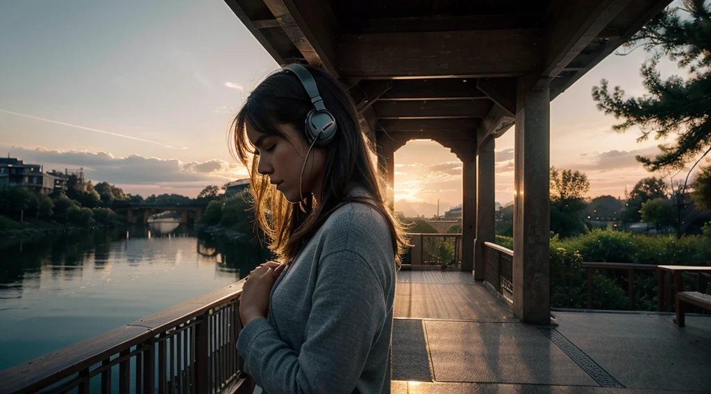 The scene is set during daytime, and the person appears to be on a bridge or an elevated walkway, given the railing visible and the angle of the sunlight. The lighting suggests it could be early morning or late afternoon, times often associated with reflection and prayer. The image has a warm and hopeful ambiance, aiming to evoke feelings of calm and resilience. The use of headphones suggests a personal, intimate experience with the prayer, and the image as a whole likely serves as an invitation to find strength and solace through prayerful listening.