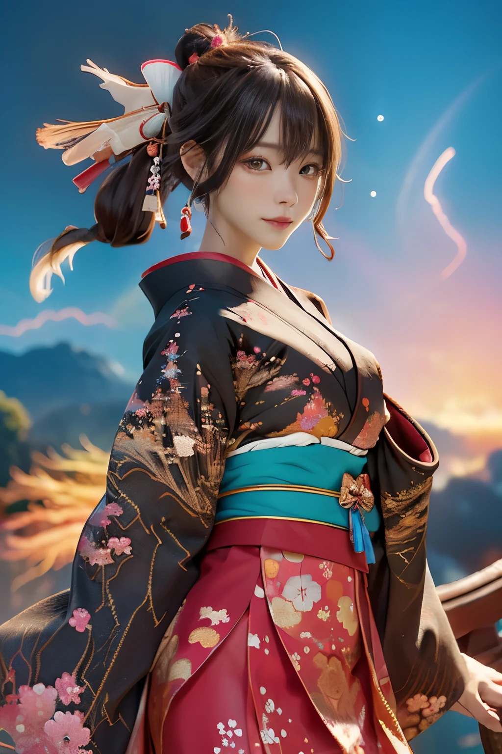 Official art, 统一 8k 壁纸, ultra-detailliert, Beautifully Aesthetic, masterpiece, top-quality, (Zentangle, Tangles, Entanglement), (Fractal Art: 1.4), 1girl in, A dark-haired, japanse, bare shoulders, a short skirt, Calf, ighly detailed, dynamic ungle, cowboy shot, (The most beautiful forms of chaos), A flowing, (bright colour), nffsw, (half: 1.2), japanese-inspired, (Tanka Flying Sky: 1.5), (bow ribbon: 1.3), (Dreams: 1.5), (A Japanese style: 1.5), Japan Phoenix、(A smile:0.5)、(japanese god)、