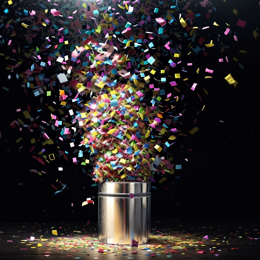 best quality, confetti popping out from a canister, vibrant colors