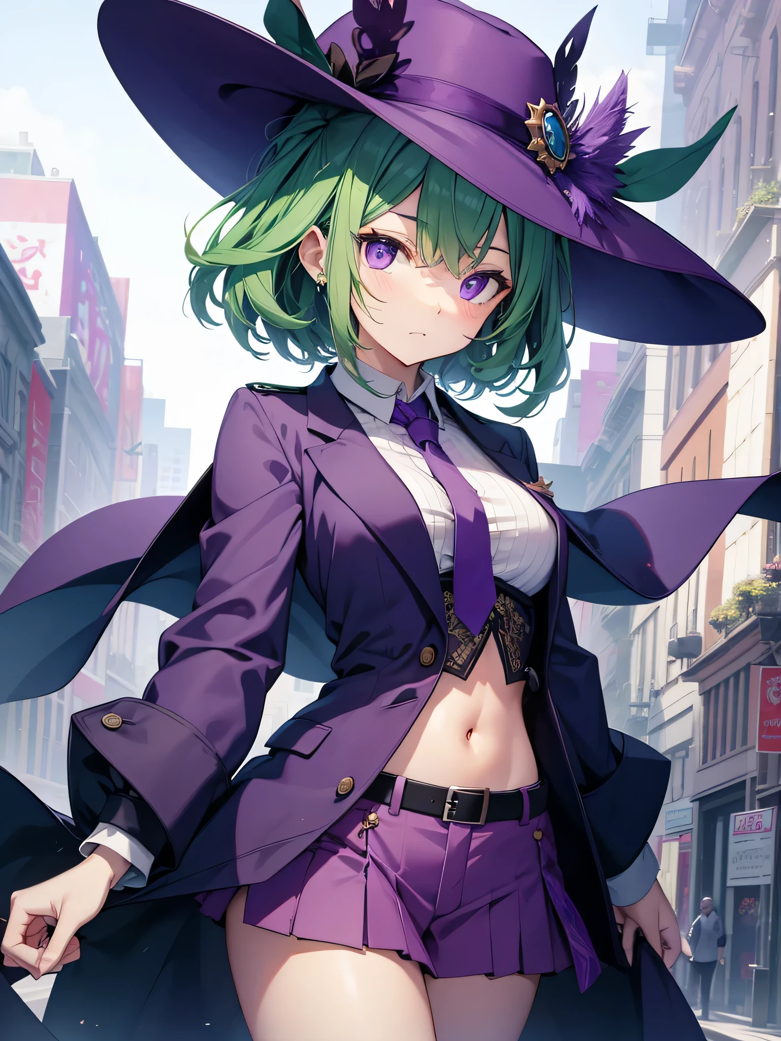 best image quality、purple eyes、green hair、Purple tie、belly button
