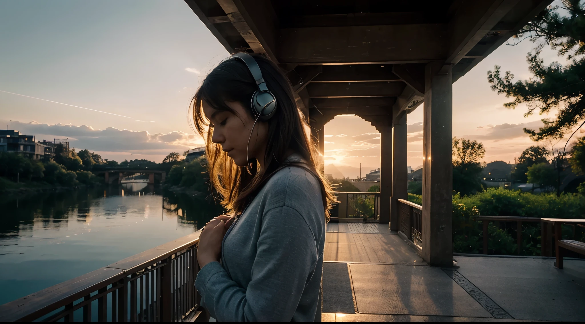 The scene is set during daytime, and the person appears to be on a bridge or an elevated walkway, given the railing visible and the angle of the sunlight. The lighting suggests it could be early morning or late afternoon, times often associated with reflection and prayer. The image has a warm and hopeful ambiance, aiming to evoke feelings of calm and resilience. The use of headphones suggests a personal, intimate experience with the prayer, and the image as a whole likely serves as an invitation to find strength and solace through prayerful listening.