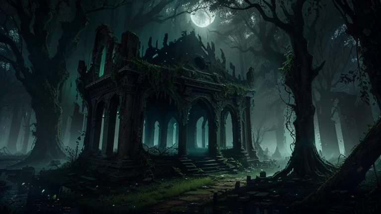 ((masterpiece)), ((highest quality)), ultra-detailed, 8K rendering, A breathtaking illustration captures the harmony between a ruined city and the enchanting embrace of nature in a mystical fantasy world. The scene exudes a dark atmosphere, where beauty thrives amidst the remnants of decay. The ruins stand as a testament to the passage of time, their crumbling structures adorned with intricate carvings and vines reclaiming their territory. The cinematic light filters through the dense fog, casting an eerie glow on the scene, revealing the dark and beautiful scenery. The juxtaposition of the darkened sky and ethereal moonlight creates a mesmerizing ambiance. The air is thick with mystery as ancient trees, twisted and gnarled, stand as guardians of this