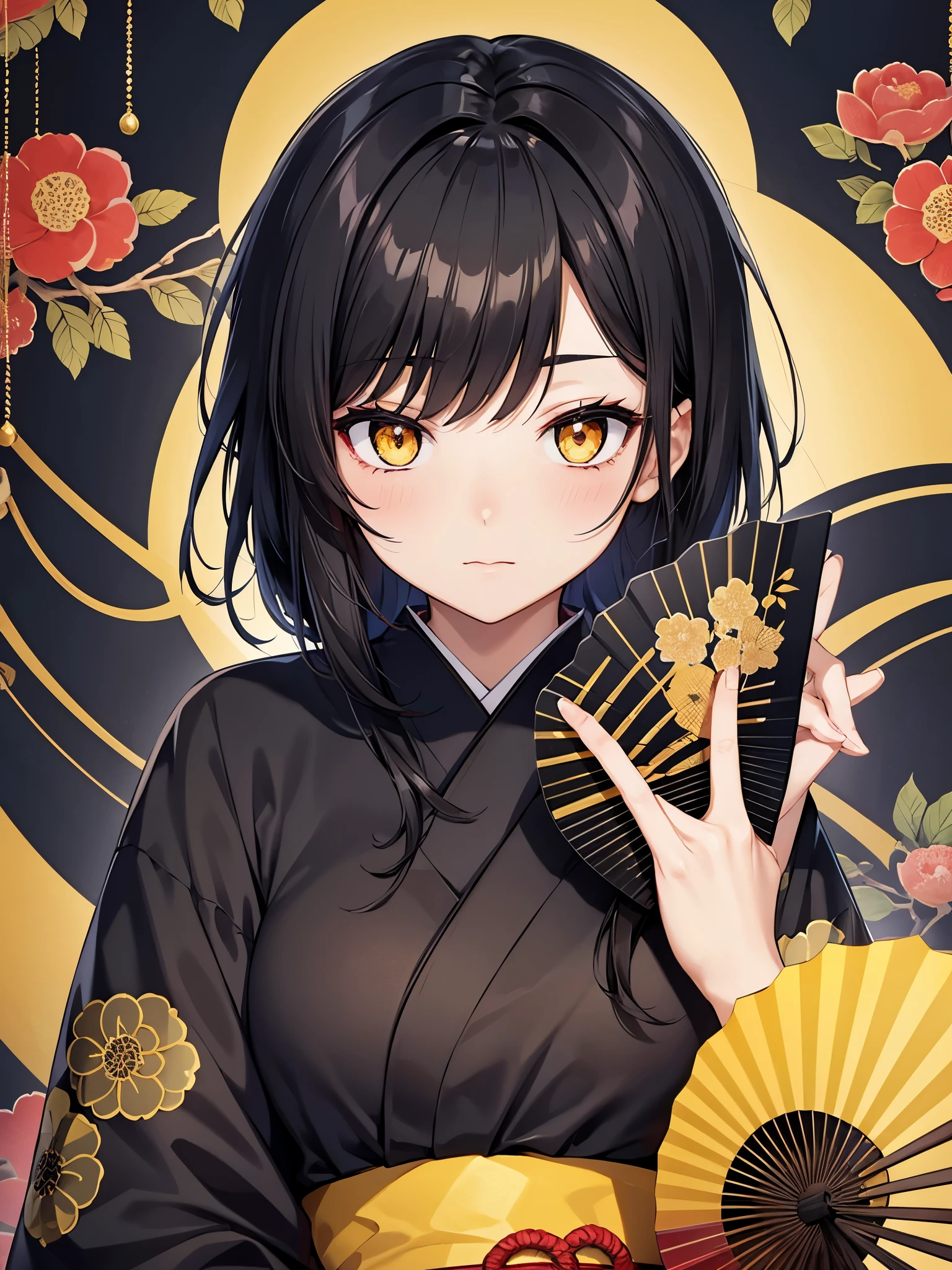 black hair, japanese, kimono black dress, yellow eyes, cat eyes, soft face, confident, hand fan