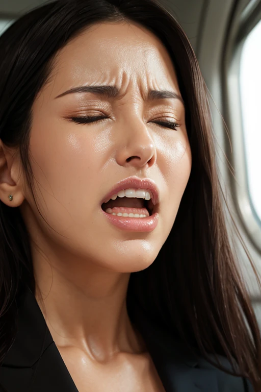 1girl,muste piece,,Award-winning photo, Extremely detailed, edge orgasm,face focus, (woman with open mouth and closed eyes ), 30 years old、black hair、shiny skin、Close-up of face,from below、realistic nostrils、elongated nasal passages,、train、(train車内)、congestion、Are standing、((business suit))、big breasts、(sharp nose)grimacing expression,#concept,teeth,expression,facial expressions,grimacing,head up、