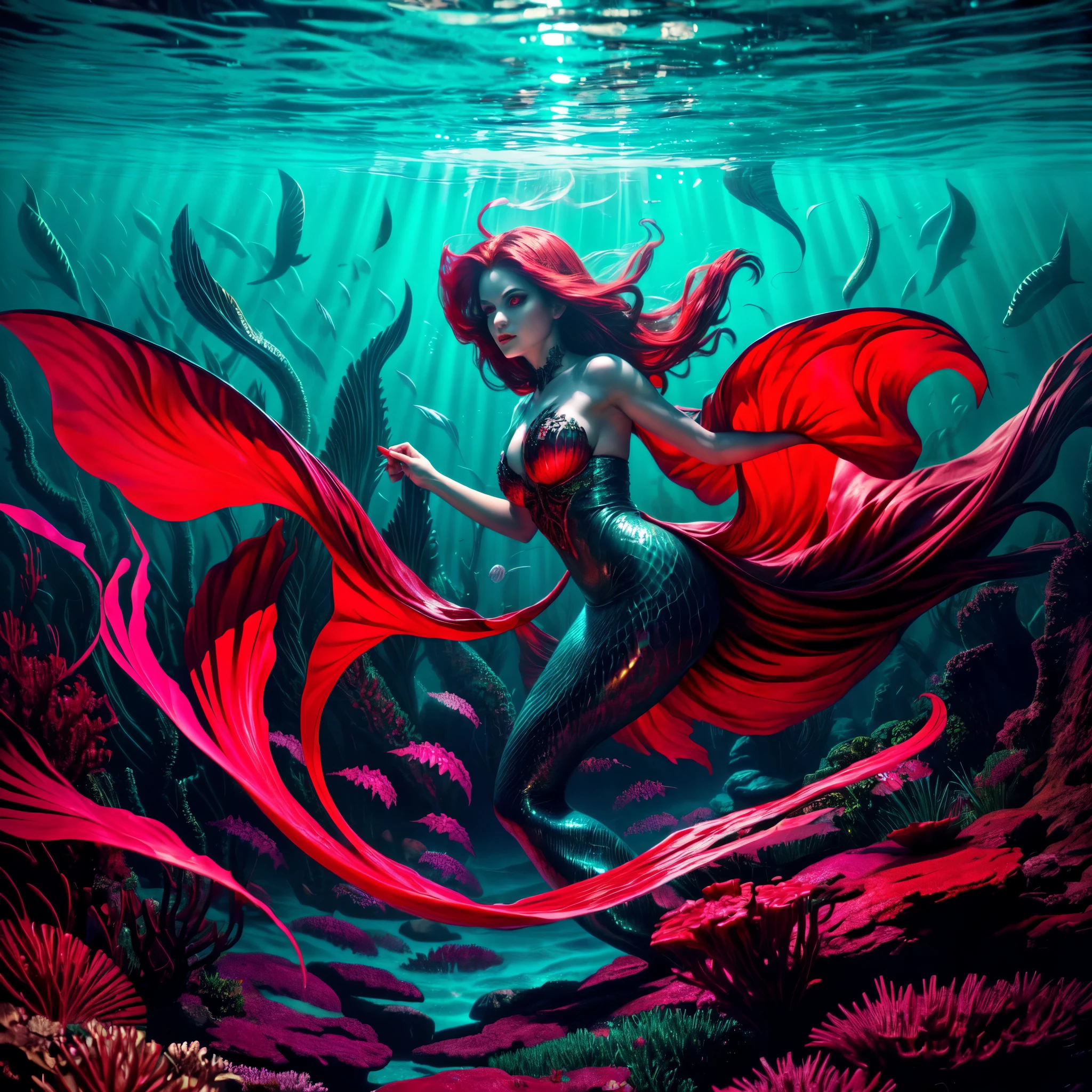 high details, best quality, 16k, [ultra detailed], masterpiece, best quality, (extremely detailed), full body, ultra wide shot, RAW, photorealistic, dark fantasy art, dnd art, rpg art, realistic art, an ultra wide picture of a vampiric mermaid (1.5 intricate details, Masterpiece, best quality)  blood mage casting ((blood control spell)),  blood wizard ((blood magic, intense magic details)), ((controlling a swirling mass of blood)) underwater, magical symbols GlowingRunes_pink, female vampiric mermaid, pale skin, black hair, long hair, swirling hair, lower body tail fin, intense eyes, red eyes, small  (( red eyes)), ((glowing eyes)), wearing sea shell clothing, beautiful dark mermaid, underwater background, rich underwater life, ((magical atmosphere)), fish and sea weeds, high details, best quality, highres, ultra wide angle