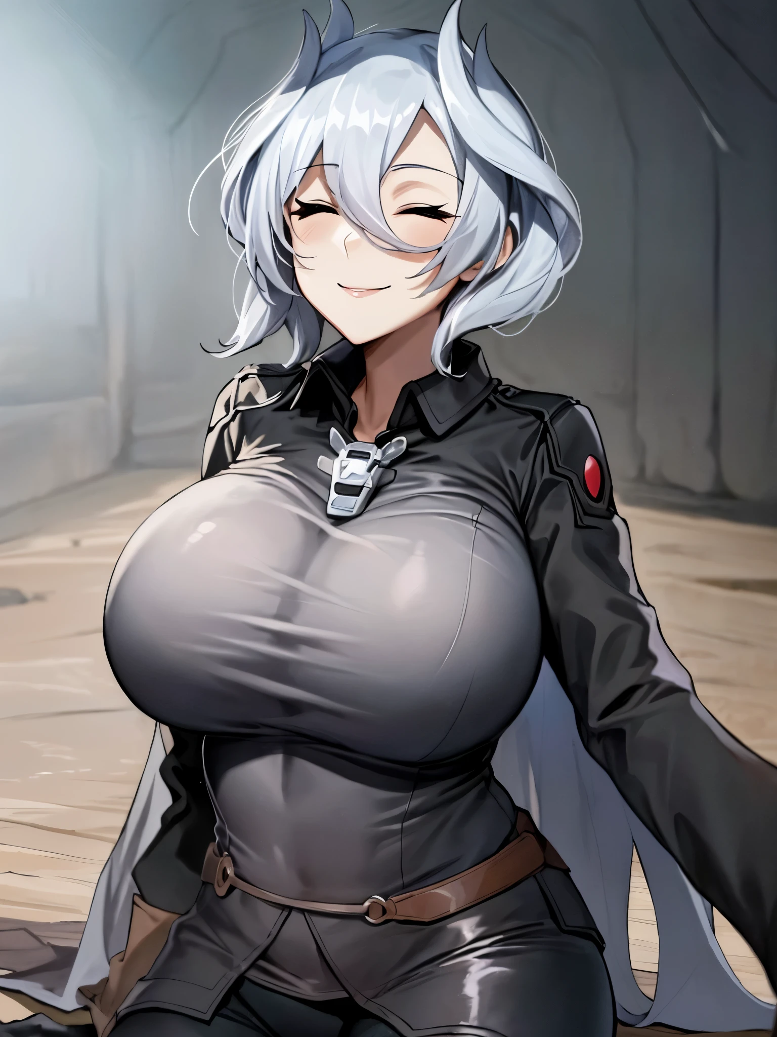 masterpiece:1.2, 1women, (Made in Abyss anime character), ((Ozen)), (30yers old), (best quality), (real picture, intricate details, depth of field), highly-detailed, perfect face, (eyes closed, kind smile), (huge breasts:1.3), attractive waist, tall, toned abdomen, (black and white square hair:1.2), sexy, Disproportional tits, hanging breasts, ((women is wearing black pants and a black T-shirt)), sits on the floor, 