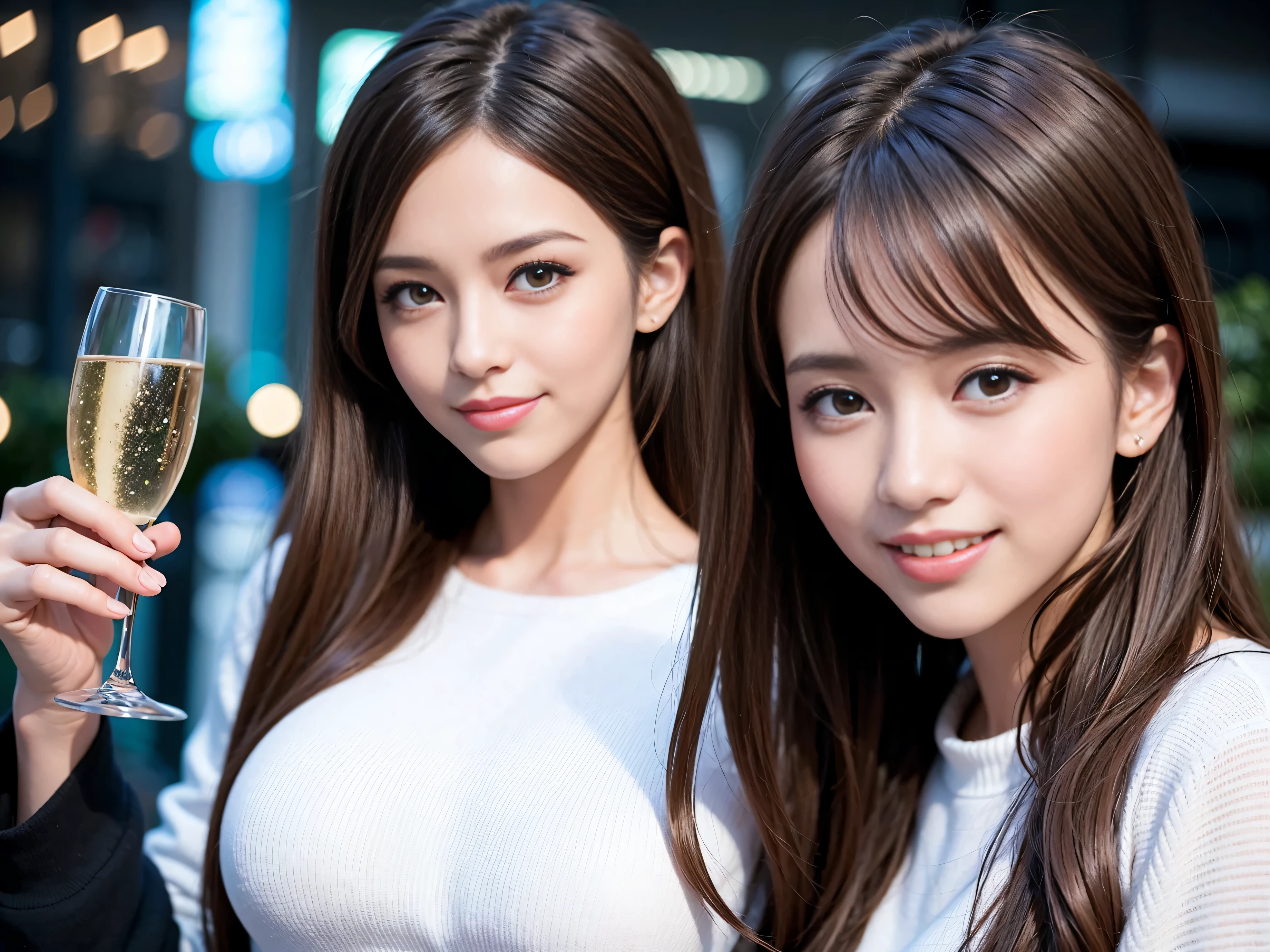 (64k, UHD, highest quality, masterpiece: 1.2), (realistic, photorealistic: 1.37), Super detailed, 1 beautiful woman, (slimフェイス), 最高なsmile、Fox Face、Berry Short、(because I'thin), (brown hair), (shortcut), long sleeve shirt、winter fashion、Colombia、Brazilian、Japanese、Dutch、German、Portuguese、Belgian、Italian、french,champagne、Sparkling wine、 (gush), (slimボティ), (brown hair), (shortcut), Neat beauty、cheeks blush a little, (35 years old), 38 years old, alone, 窓の外には美しく緻密なnight景が広がります., restaurant, wine glassが座っている, nightに, in a prominent place (from the Upper body) nova frog style, actress, model, Upper body, White wine, slim, wine glass, Super Clean night View, wine glass Put in the Middle, Happy smile, (smile: 1.15), beautiful and detailed eyes, Upper body, bust japan up, night, short, short, actress, model, Upper body, White wine, slim, wine glass, Super Clean night View, wine glass Put in the Middle, Happy smile,