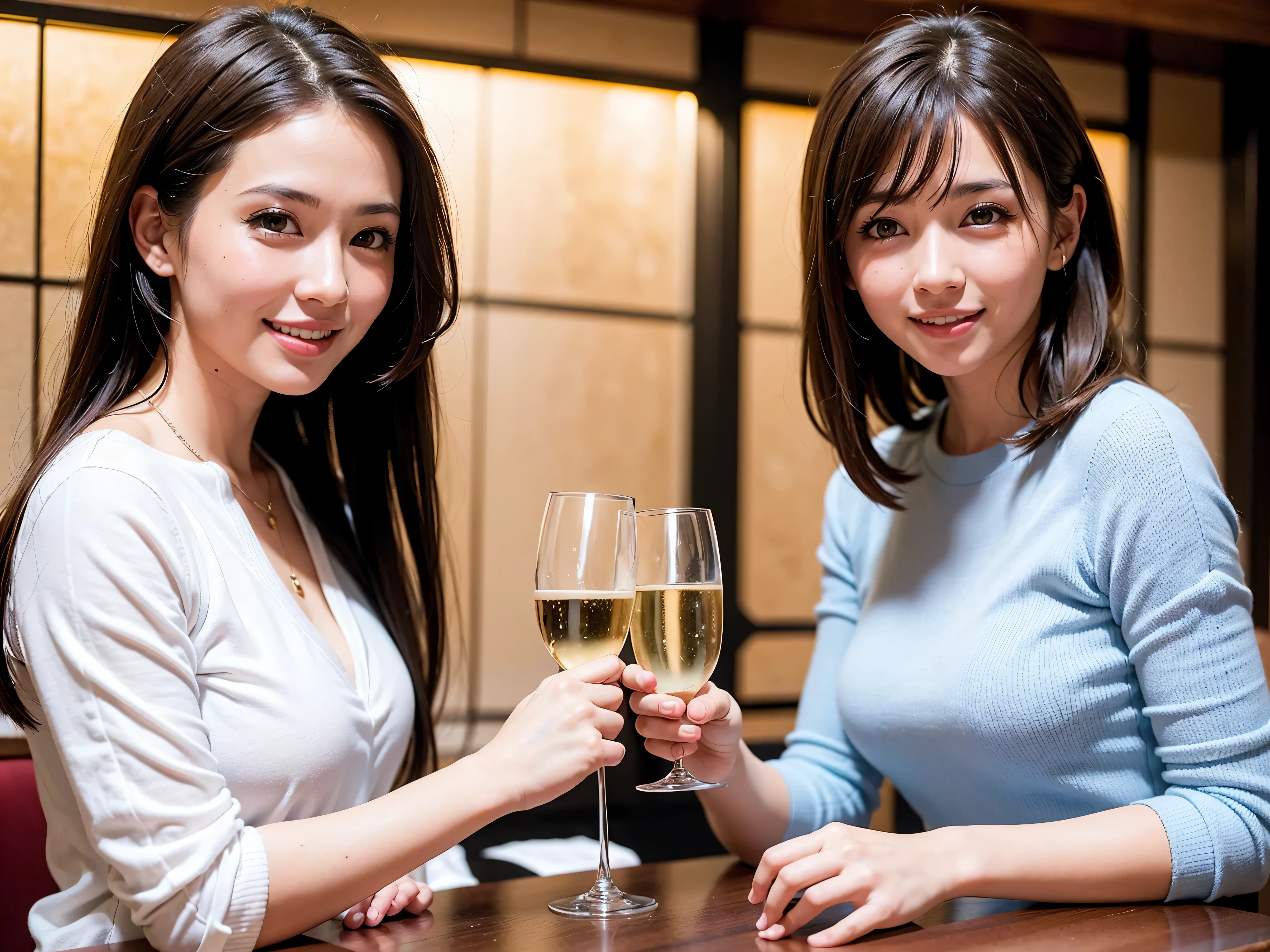 (64k, UHD, highest quality, masterpiece: 1.2), (realistic, photorealistic: 1.37), Super detailed, 1 beautiful woman, (slimフェイス), 最高なsmile、Fox Face、Berry Short、(because I'thin), (brown hair), (shortcut), long sleeve shirt、winter fashion、Colombia、Brazilian、Japanese、Dutch、German、Portuguese、Belgian、Italian、french,champagne、Sparkling wine、 (gush), (slimボティ), (brown hair), (shortcut), Neat beauty、cheeks blush a little, (35 years old), 38 years old, alone, 窓の外には美しく緻密なnight景が広がります., restaurant, wine glassが座っている, nightに, in a prominent place (from the Upper body) nova frog style, actress, model, Upper body, White wine, slim, wine glass, Super Clean night View, wine glass Put in the Middle, Happy smile, (smile: 1.15), beautiful and detailed eyes, Upper body, bust japan up, night, short, short, actress, model, Upper body, White wine, slim, wine glass, Super Clean night View, wine glass Put in the Middle, Happy smile,
