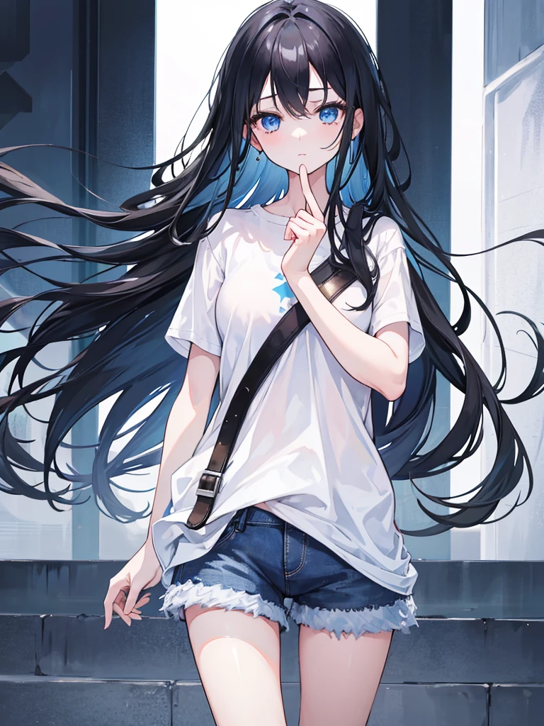 1girl, long black hair, blue eyes, wearing plain white shirt, denim shorts, night city, absurdres, high res, ultrasharp, 8K, masterpiece, looking at viewer