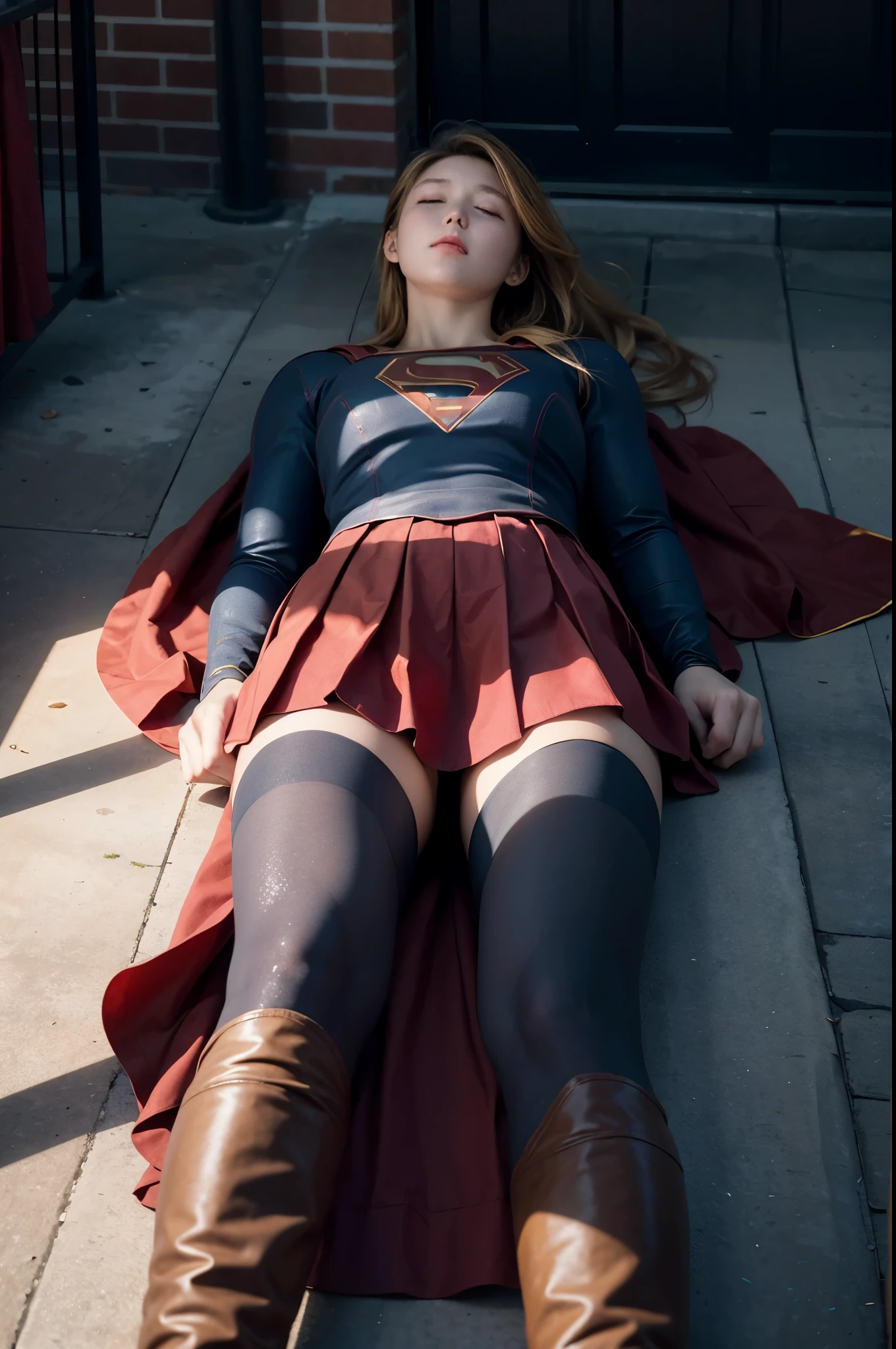 8k, best quality, real picture, intricate details, ultra-detailed, ultra highres, depth field,(photorealistic,realistic:1.2), masterpiece, photo of 1girl, Supergirl, superhero, arms on hips, realistic, red cape, bodysuit, red skirt, red boots, pantyhose, blonde hair, lips, long hair, solo, ruined city background, Nikon d850, film stock, photograph 4 kodak Portra 400 camera f1.6 lens, rich colors, hyper realistic, lifelike texture, dramatic lighting, unreal engine, trending on artstation, cinestill 800,  (lying on back:1.9), (close eyes:1.6), (unconsciousness:1.9), (painful), (defeated from fighting), on the spaceship, (binded), ((whole body)),